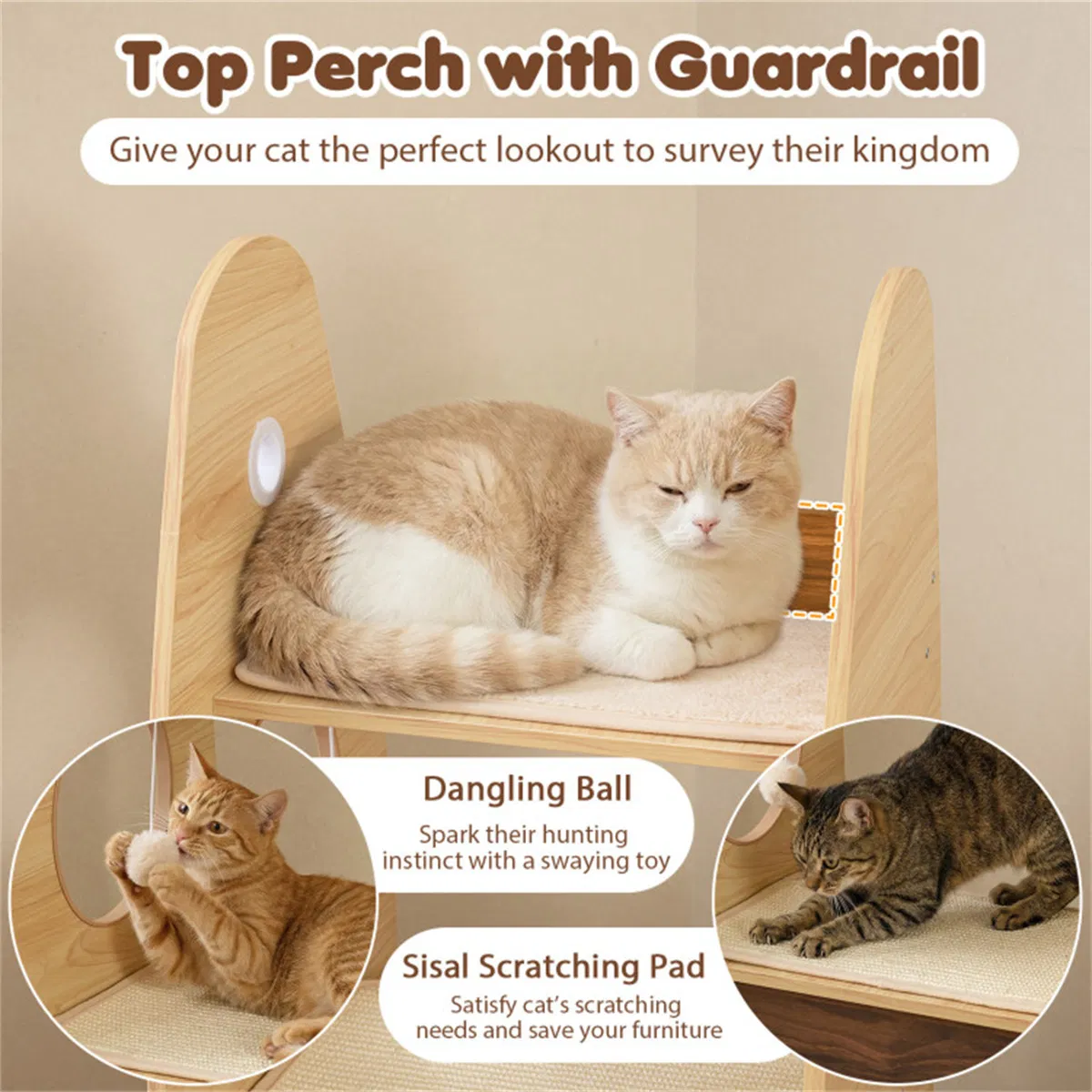 4-Tier Rocket Shape Cat Tree with 2-Tier Condo Sisal Scratch Pad Hanging Pompom Natural+White — image 7