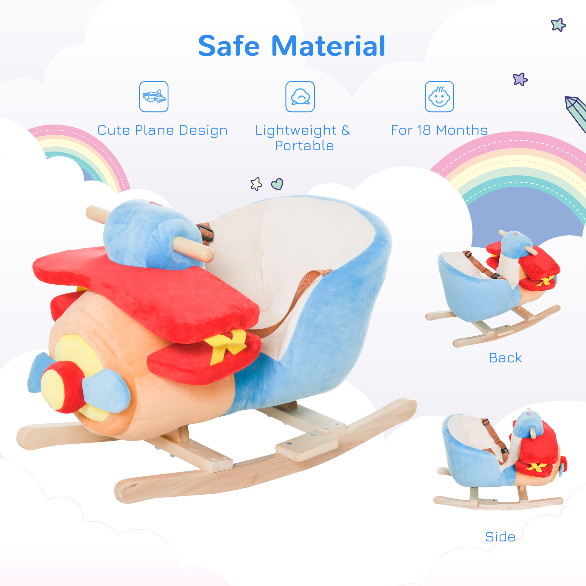 Kids Rocking Horse, Wooden Plush Ride-on Plane Chair Toy With Lullby Song And Seat Belt For 18 Month + — imagen 4