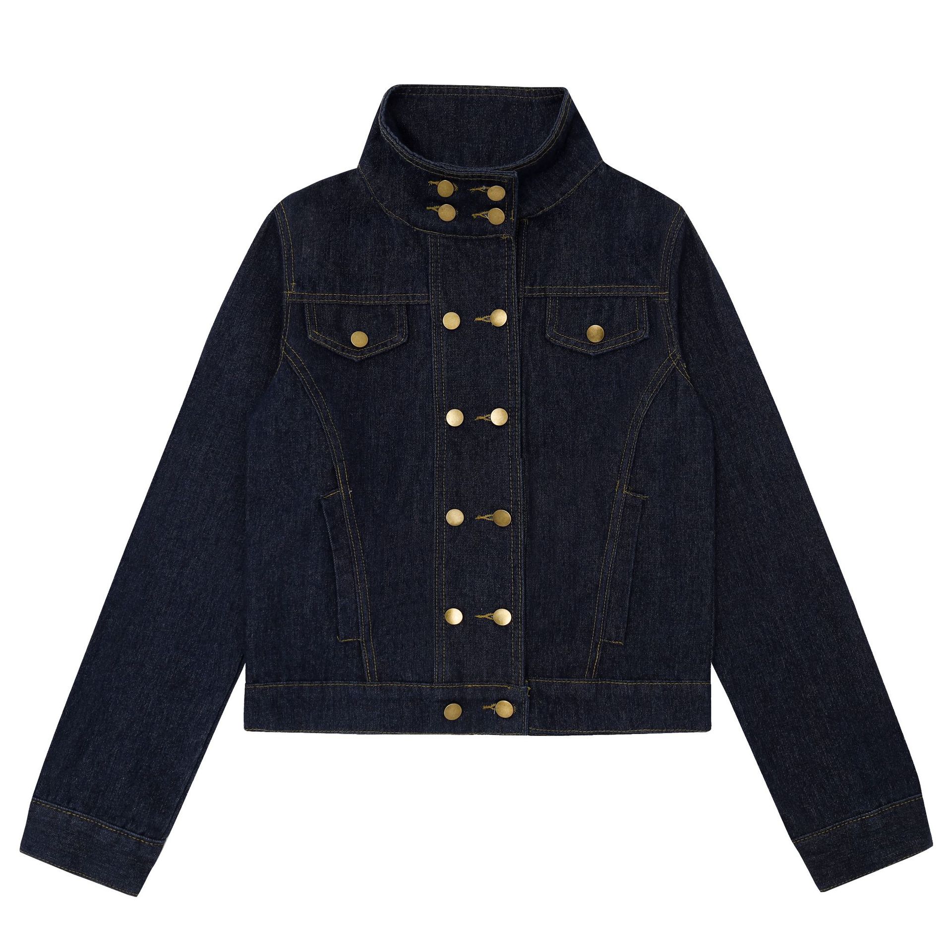 Women's Raw Indigo Denim Jacket Double-Breasted Stand Collar Detachable Leopard Print Fur Collar Petite Friendly — image 3
