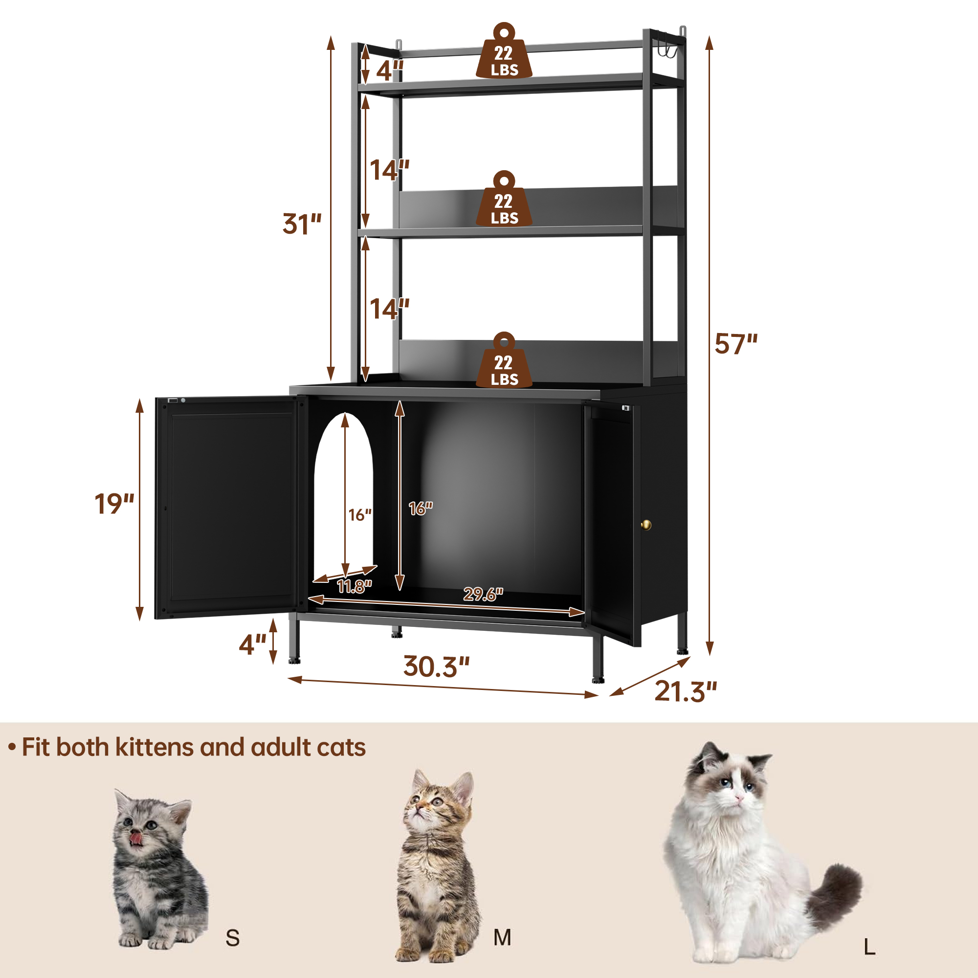 Caja de Limpieza para Gatos en Metal, Encierro Oculto de 57" con 3 Niveles de Almacenamiento y 4 Broches S, Casa Grande para Gatos Internos con Puertas y Control de Olor, Negro — imagen 2