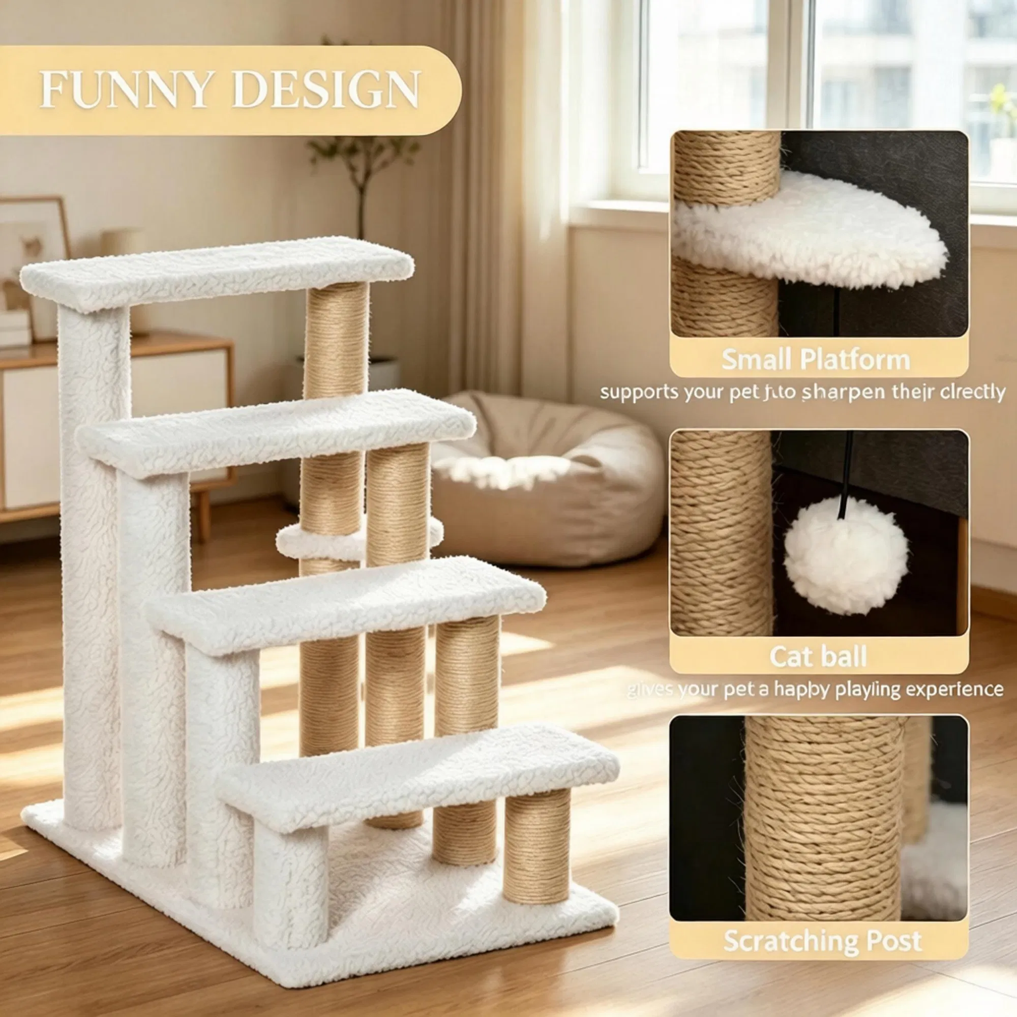 4 Levels Cat Steps with Scratching Posts for High Bed, Sofa, Non-slip Sturdy Pet Climbing Ladder for Indoor Cats, White — image 5