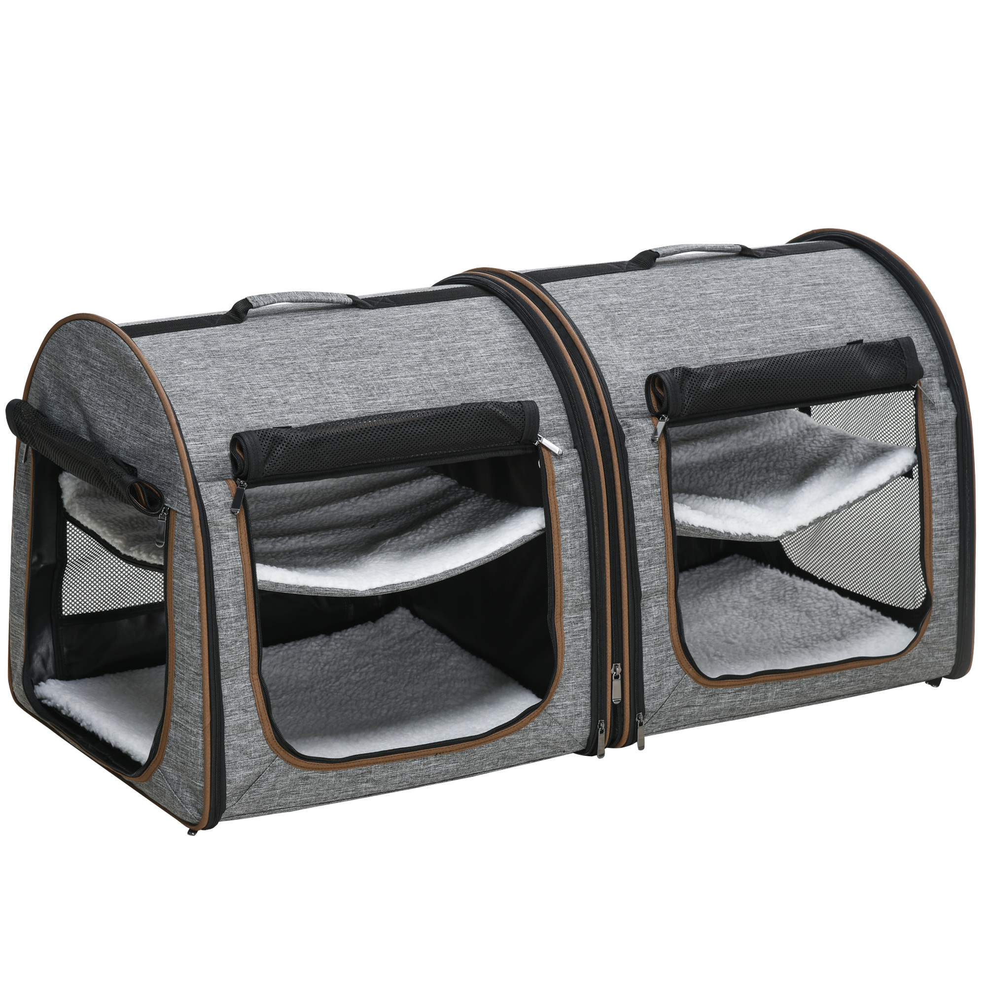 Portátil Transporte de Mascotas para Gatos con Divisor, Dos Compartimentos, Revestimiento y Bolsa de Almacenamiento, Gris — imagen 1