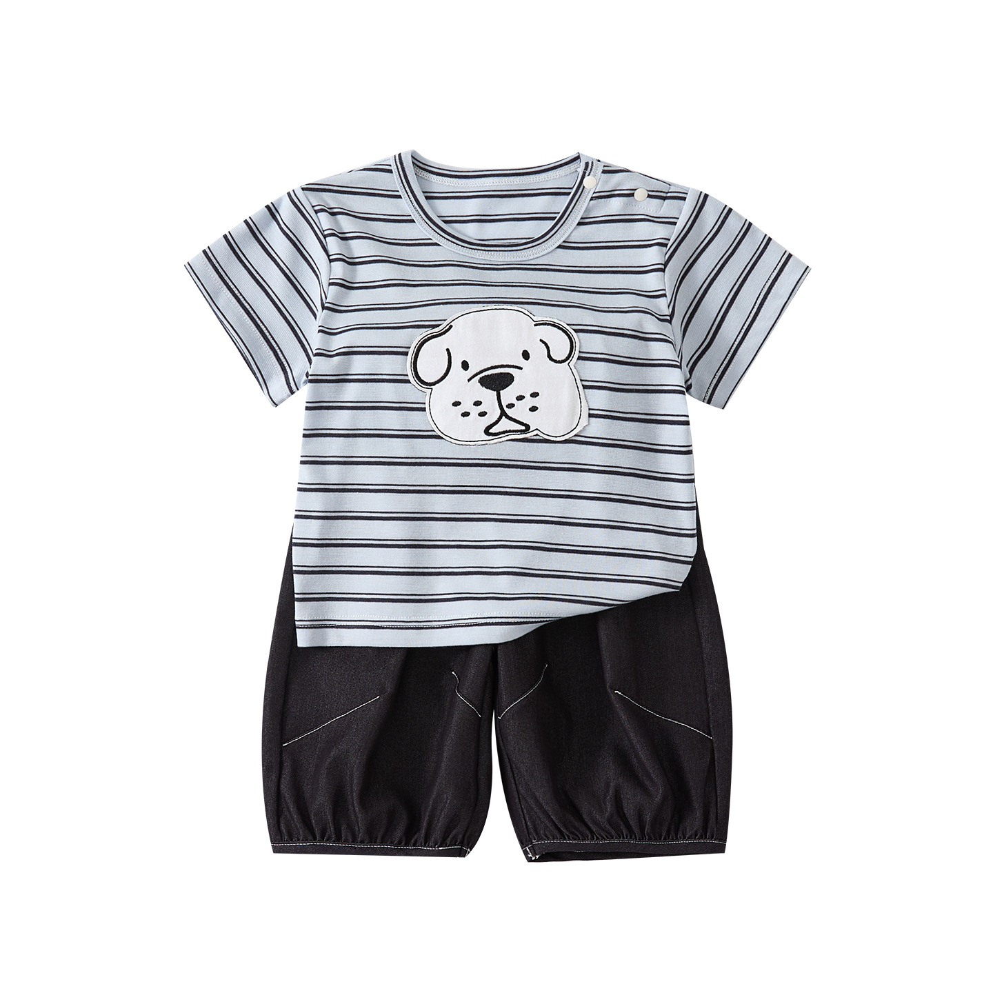 Knitted Cartoon Dog Short Sleeve Set for Boys, Striped Top and Jeans Two-Piece Outfit — image 3