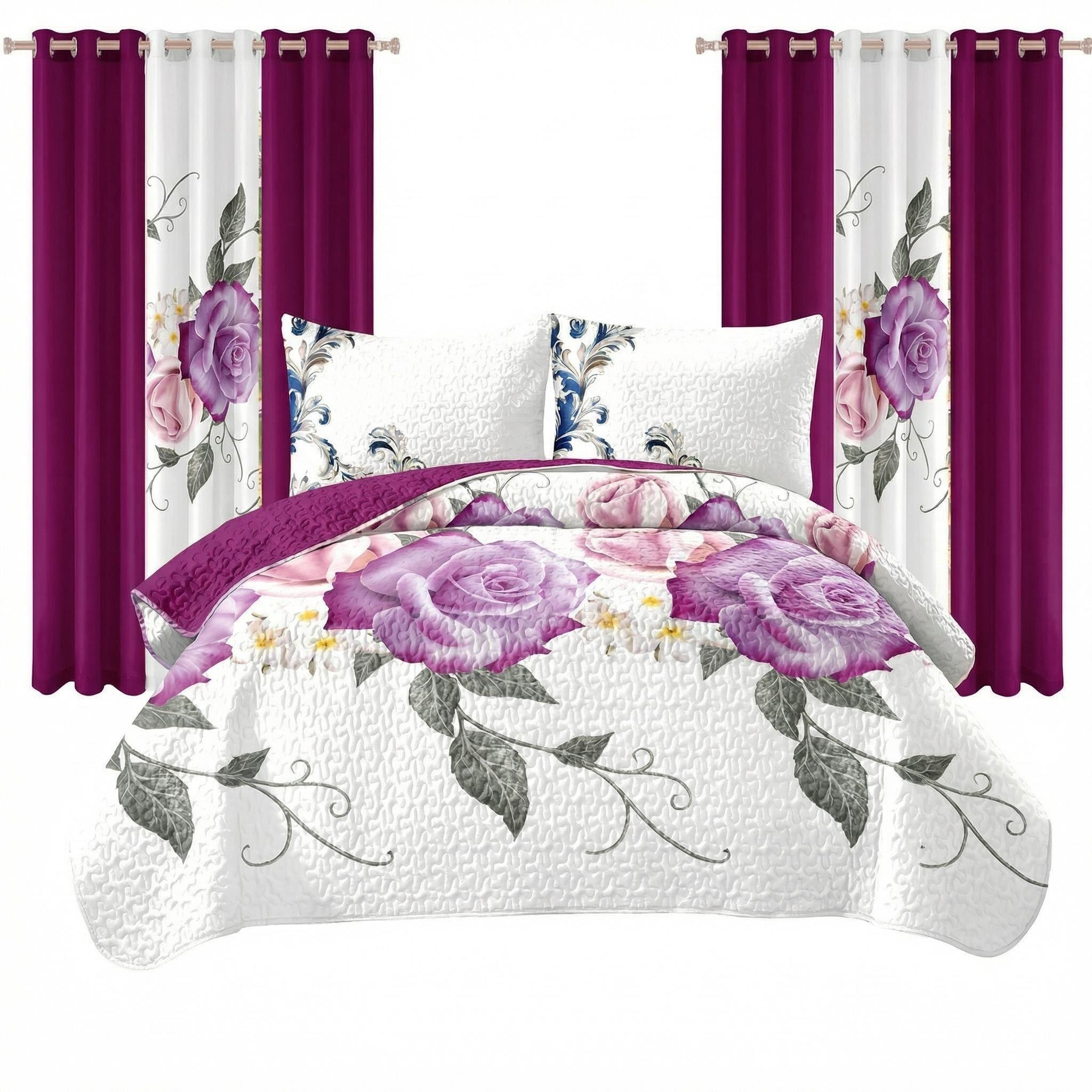 Set de Edredón y Cortinas de 9 Piezas 'Habitación en una Bolsa', Diseño Americano con Estampado Floral de Rosas Magenta y Morado Intenso, Colcha Gruesa con 6 Paneles de Cortina Personalizables, Apto para Mascotas de Alto Gramaje — imagen 1