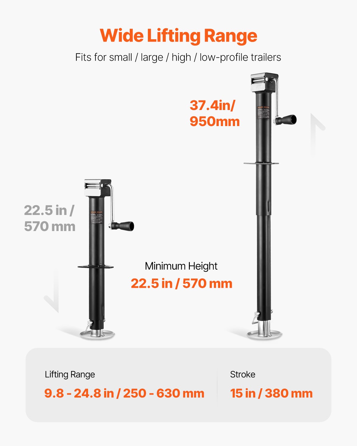 Gato para Remolque Tipo A, Capacidad de Carga Dinámica de 5000 Lbs, Soporte de Gato para Remolque con Manija y Base Rectangular, Recorrido Vertical de 15 Pulgadas, Adecuado para Casas Rodantes, Remolques para Caballos, Remolques Utilitarios y de Yates — imagen 5