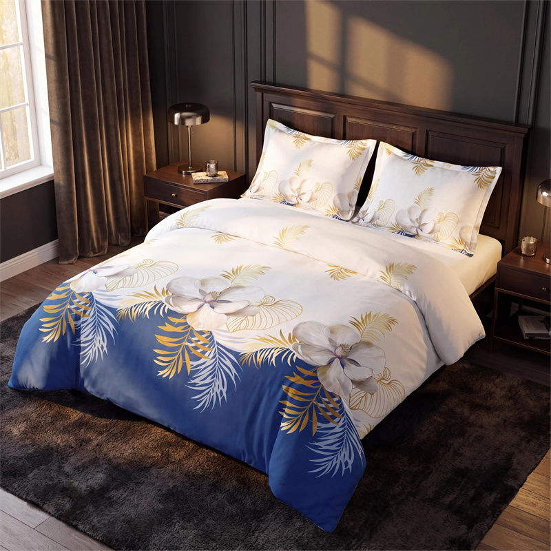 Set de Funda Nórdica de 3 Piezas, Diseño Estadounidense con Estampado Tropical Floral Botánico en Azul Marino y Dorado, Funda de Edredón Pesada de Alto Gramaje con Cierre y Cintas de Esquina, Ropa de Cama de Microfibra Apta para Mascotas — imagen 2