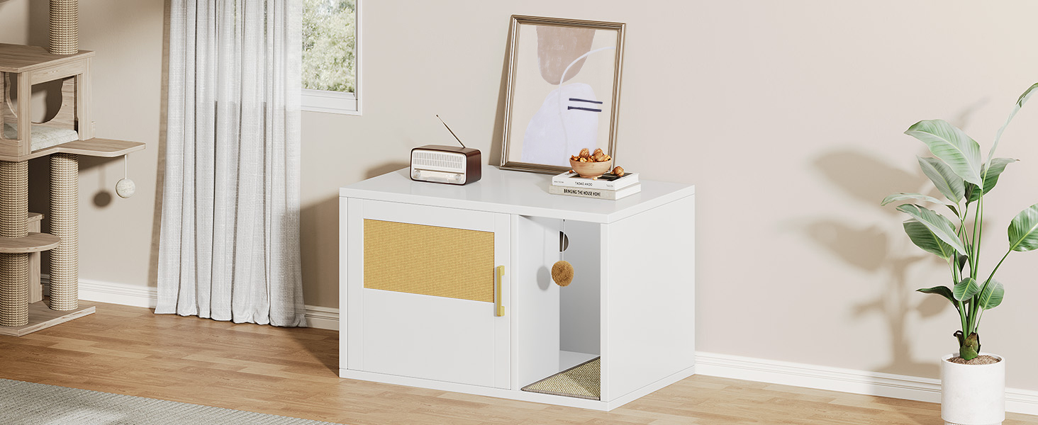 Caja de Limpieza para Gatos Multifuncional de Diseño Blanco Moderno Casa para Gatos con Lavabo y Mesa de Sílabo para Dormitorio y Salón — imagen 25