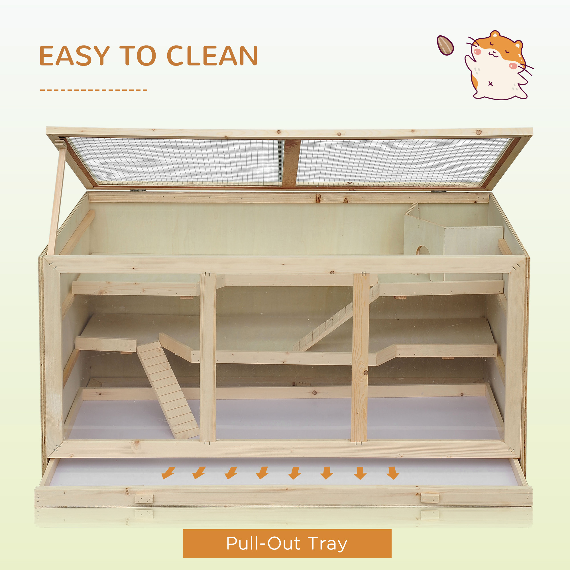 Jaula de madera extra grande de 45" para hámster, jaula de 3 niveles para ratas con techo abatible, ventana de PVC, hábitat para animales pequeños para jerbos, hámsteres enanos y sirios, color natural — imagen 2