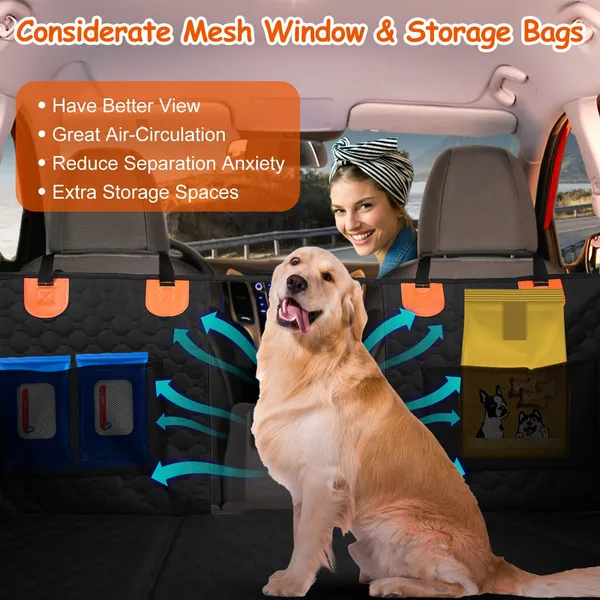 Cubierta de Asiento para Perros con Ventana de Malla y Bolsas de Almacenaje con Cierre, Impermeable 600D Tela de Lino de Oxford para Autos, Camiones, SUVs — imagen 4