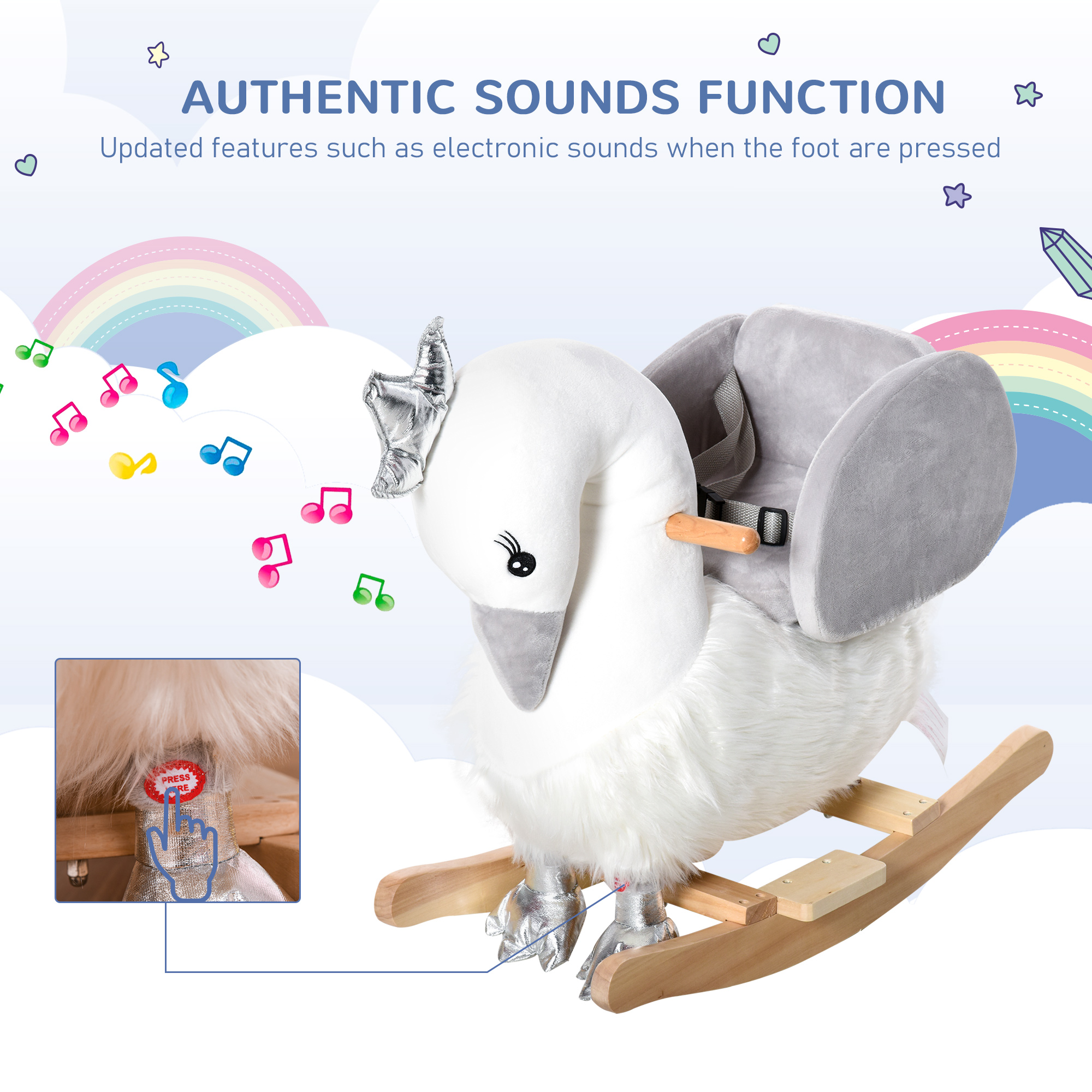 Caballo de Cisne para Niños con Sonido, Asiento Plush y Base de Madera, Correa de Seguridad para Bebés de 18 a 36 Meses, Blanco — imagen 8