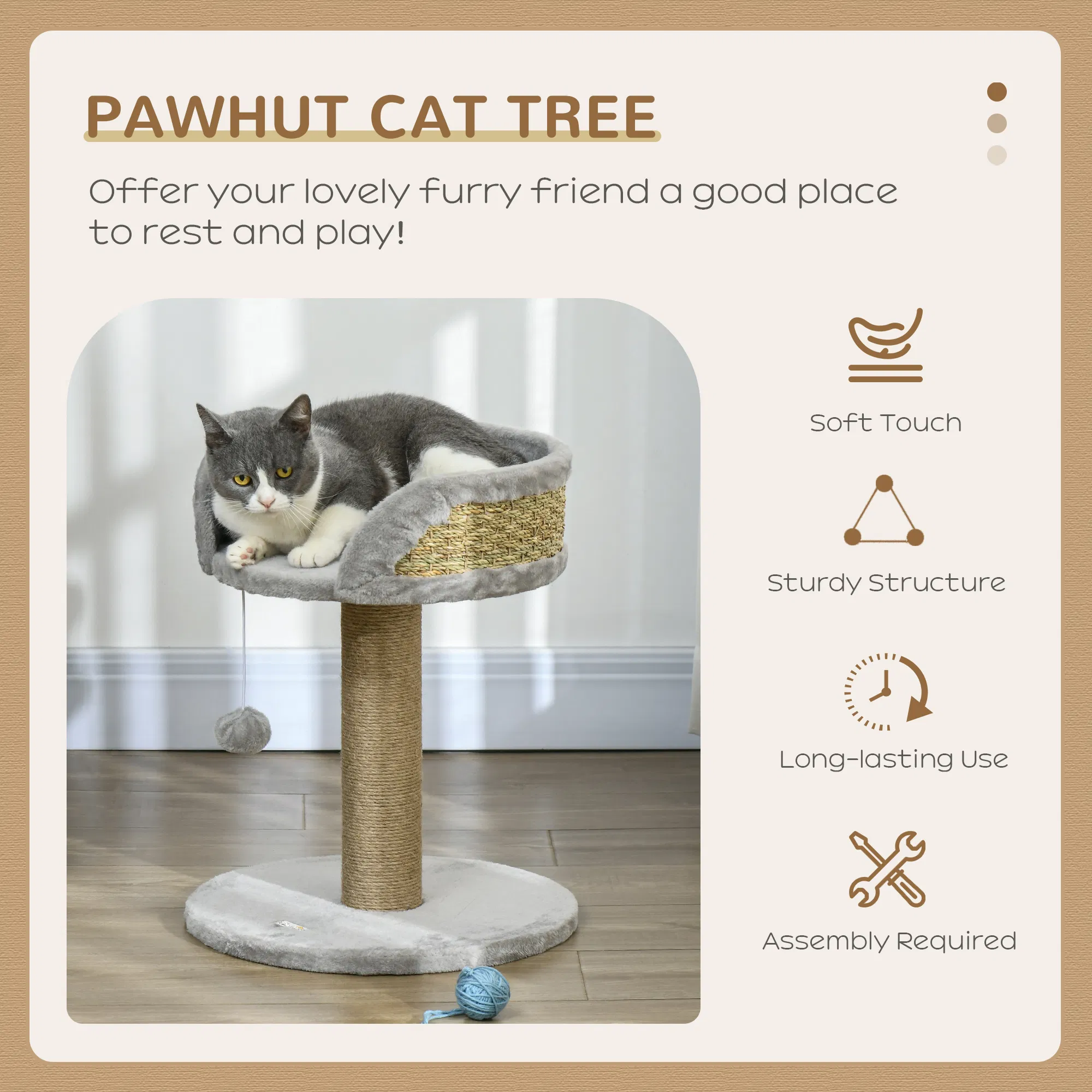 Cat Tree with Scratching Post, Toy Ball, Perch, Small Cat Tower for Indoor Cats - 16" x 16" x 19", Grey — image 4