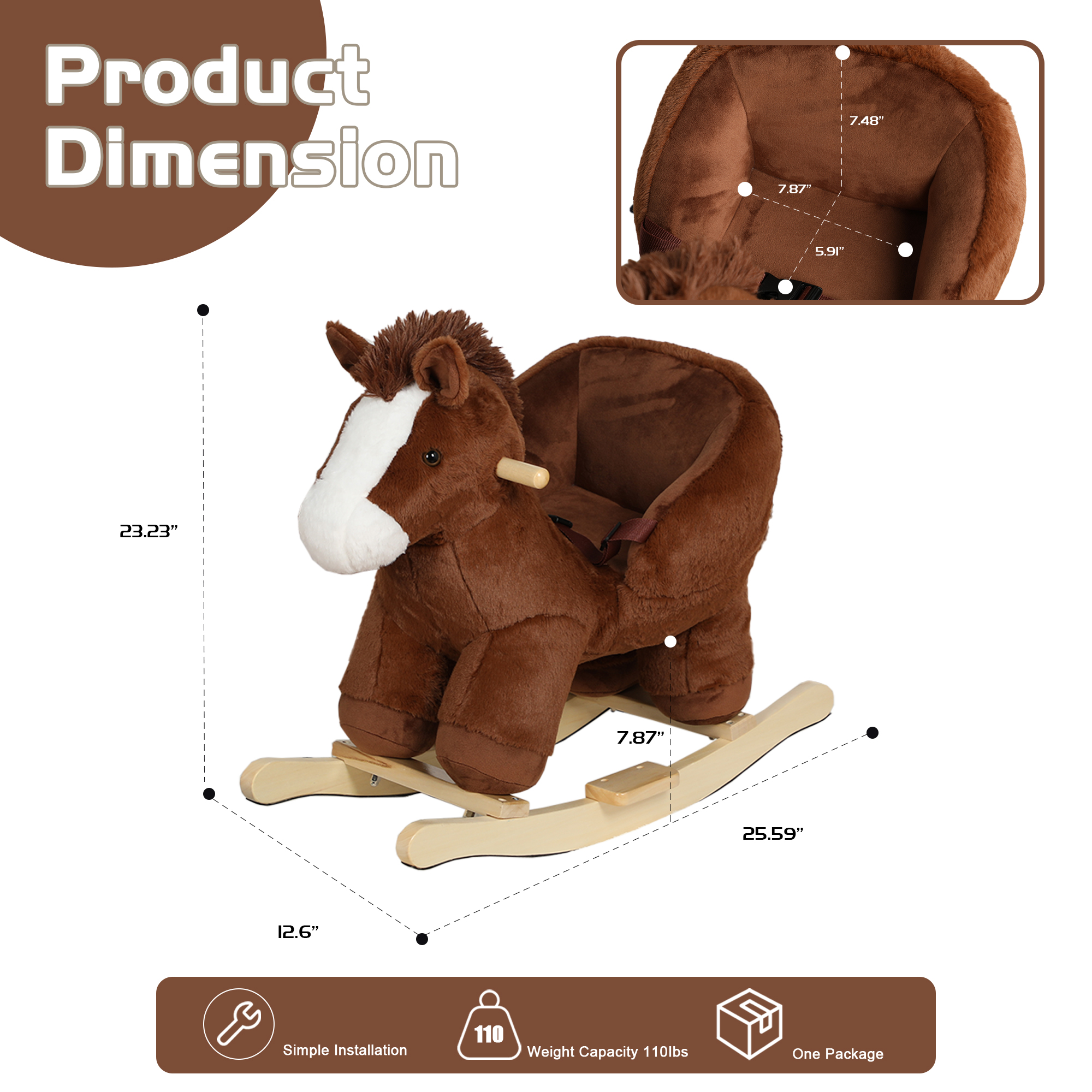 Kids Ride-On Rocking Horse Toy With Horse Sounds, Horse Rocking Toy With Hand Puppets And Safety Belt For Children 1-3 Years, Soft Plush Fabric, Brown, CPC Certified — image 3