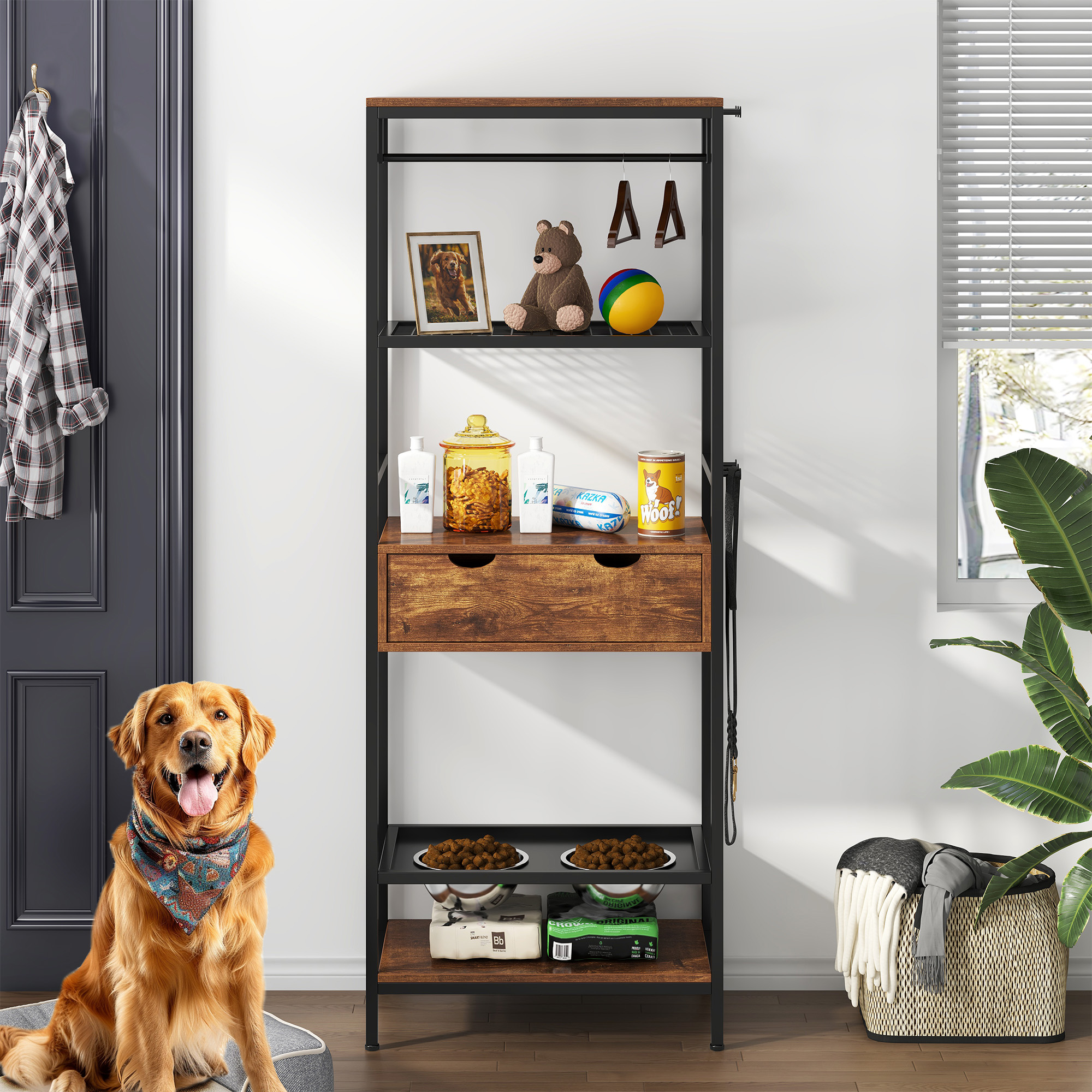 Estación de Alimentación para Perros, 3 Alturas Ajustables de Tazas Elevadas para Perros y Gatos Grandes y Medianos, Almacenamiento con Estantes — imagen 3