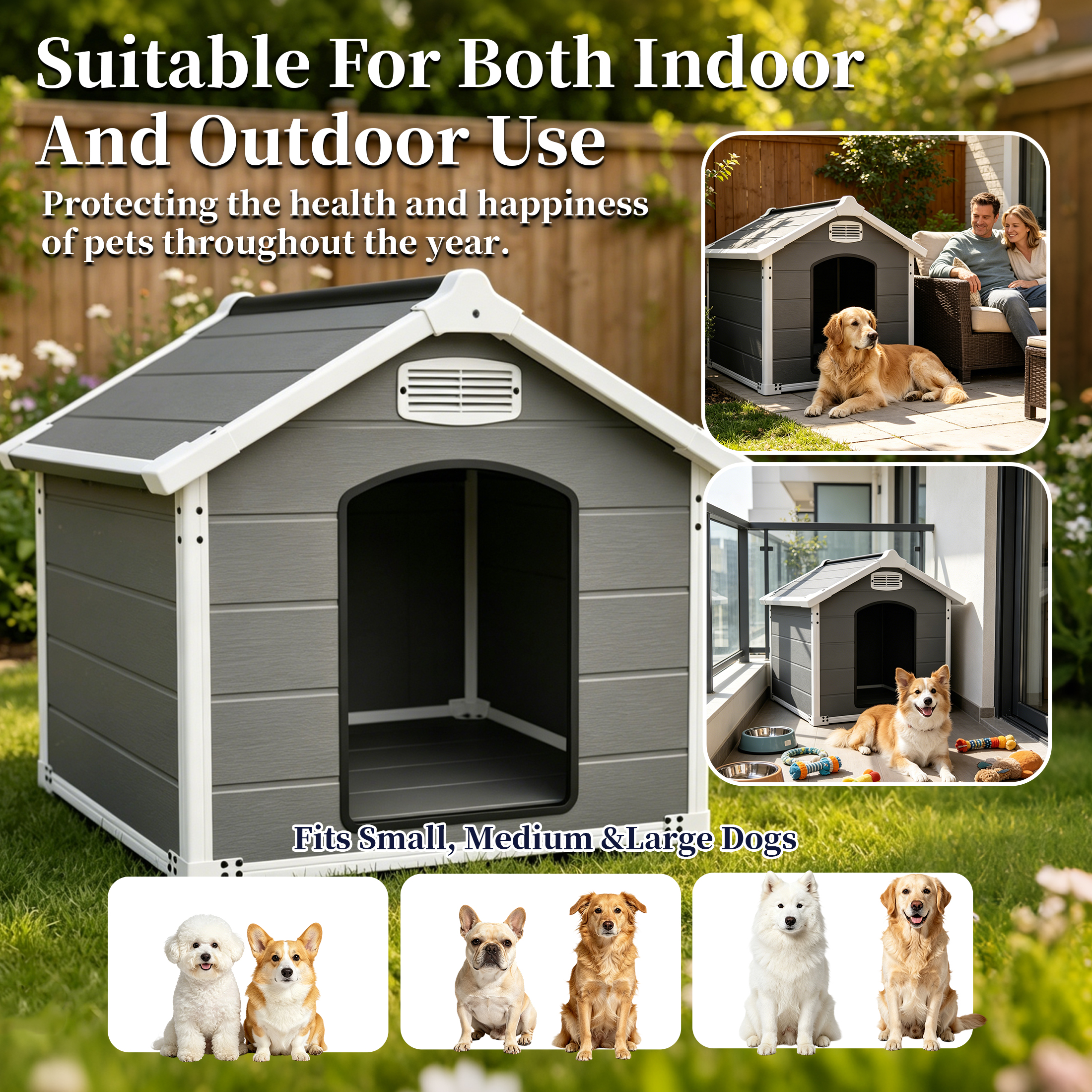 Caseta Grande para Perro de 50.5" para Razas Grandes, Casa para Mascotas de Uso Interior y Exterior de Alta Resistencia, Impermeable, Protección UV, Panel de PP de Doble Pared Resistente a Rasguños, Ventilación Frontal y Trasera – Fácil de Limpiar y Lavable — imagen 7