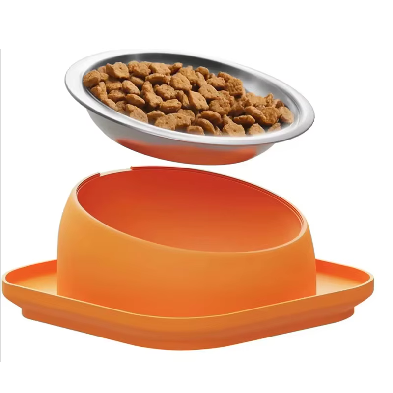 15° Tilted Cat Bowl Stainless Steel Neck Protection Anti Slip Plastic Base Pet Food Water Feeder Bowl For Cats Kitten — image 4
