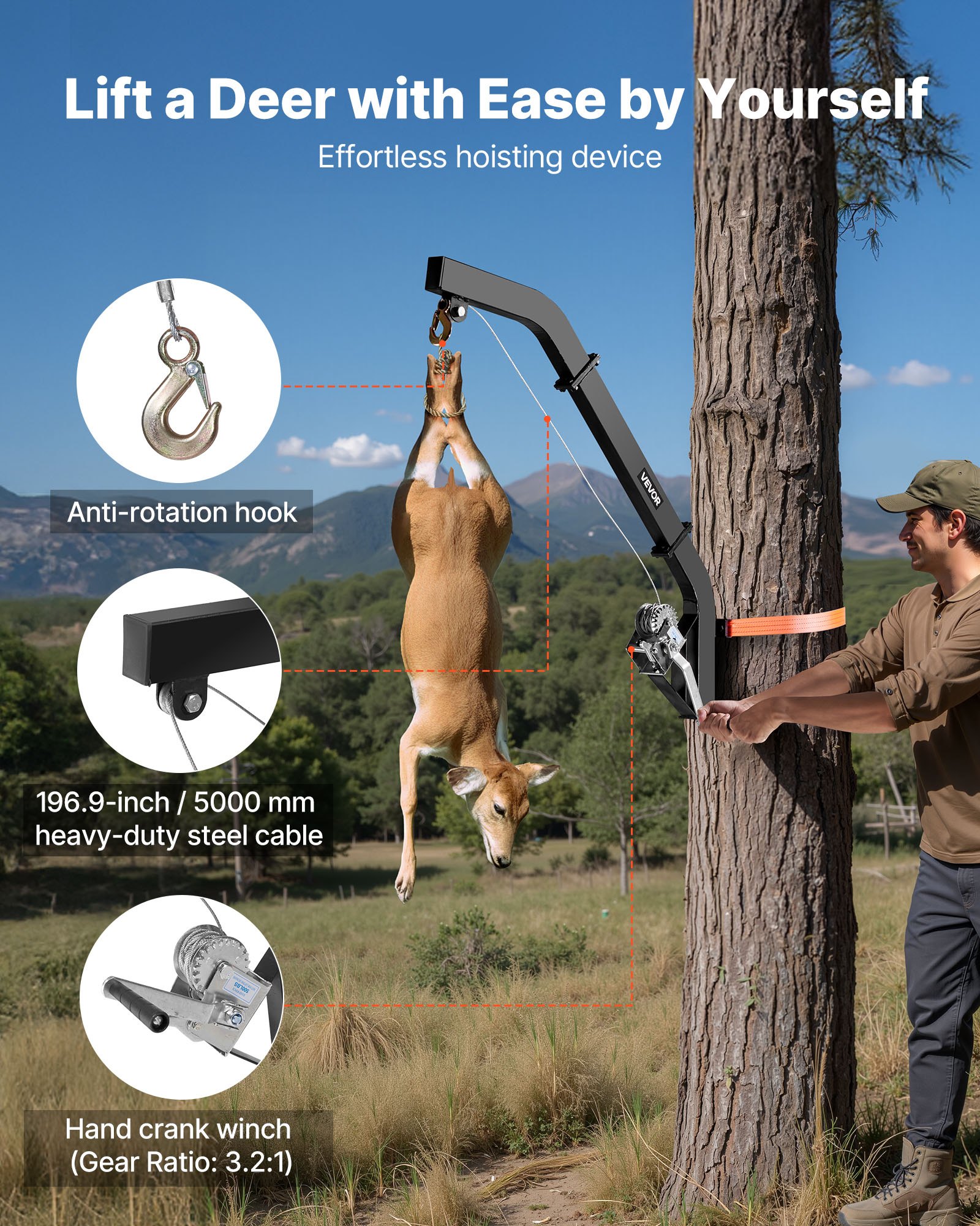 Ahorro de Caza en Árbol 353 Lbs Capacidad de Carga, Sistema de Elevación con Correa de Rascador para Caza de Venado, Soporte para Pielar y Limpiar, Negro — imagen 5