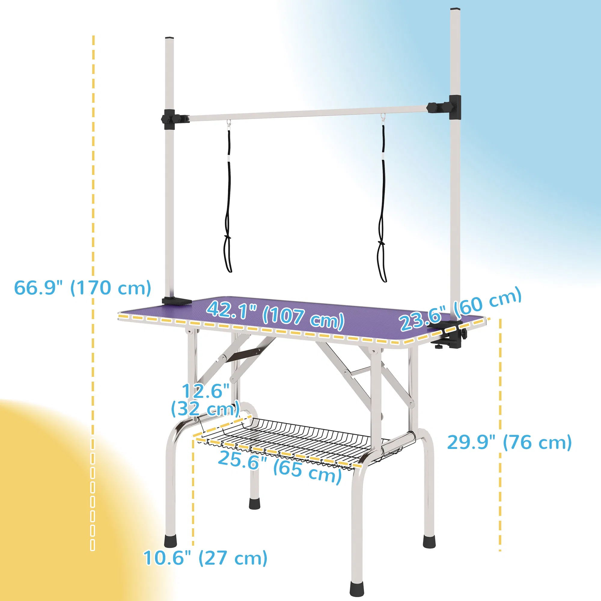 Adjustable Dog Grooming Table with 2 Safety Slings, Storage Basket, Purple — image 4