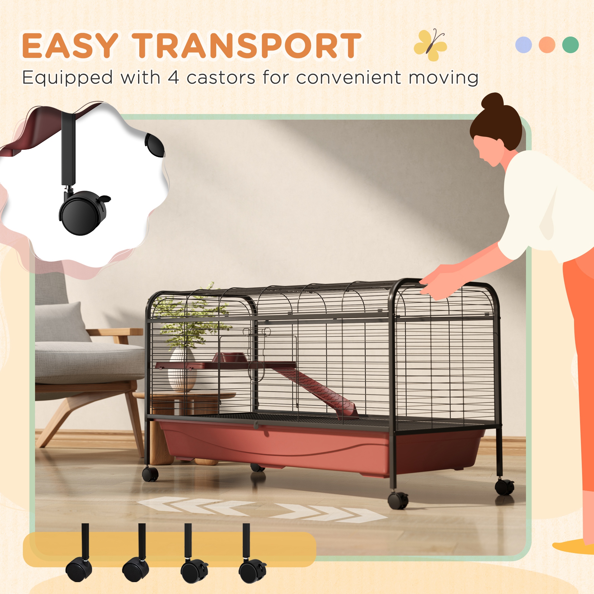48" L Small Animal Cage, Pet Play House for Rabbit Hutch or Ferret with Feeder, Rolling Wheels, Platform, Ramp — imagen 2