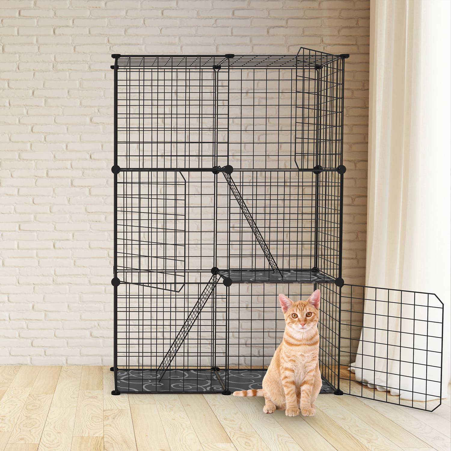 Jaula/Corral Metálico para Gatos de 3 Niveles, Casa Desmontable para Gatitos con 3 Puertas y 2 Escaleras, Amplio Espacio de Ejercicio para 1-2 Gatos, Negro — imagen 6