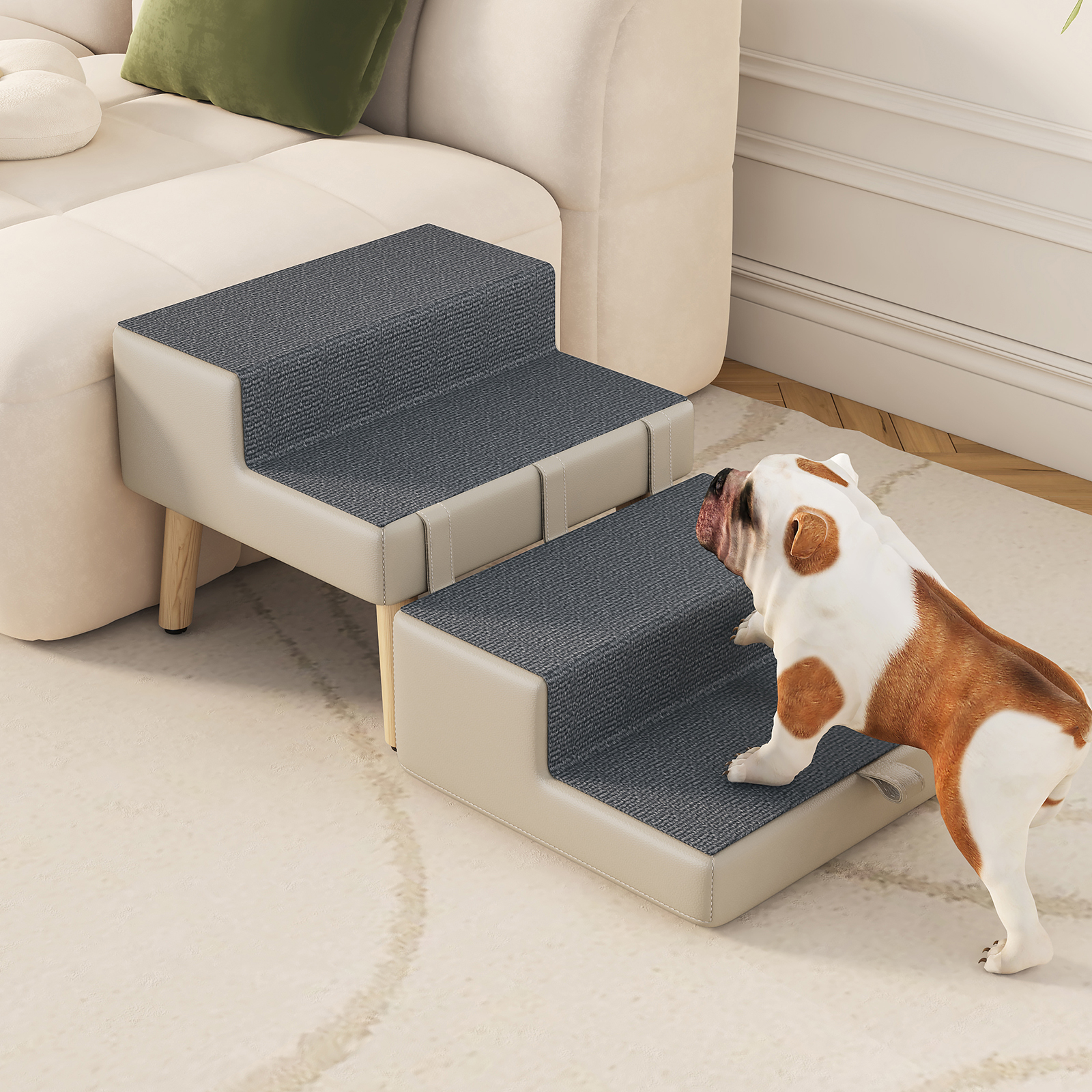 4-Step Ottoman Dog Stairs, 2-in-1 Foldable Pet Ramp for Bed, Dog Ramp for Small Puppy and Cats, Sturdy Wood Frame Support with Non-slip walking surface, Holds Up To 220lbs ( Light Grey Color ) — image 23