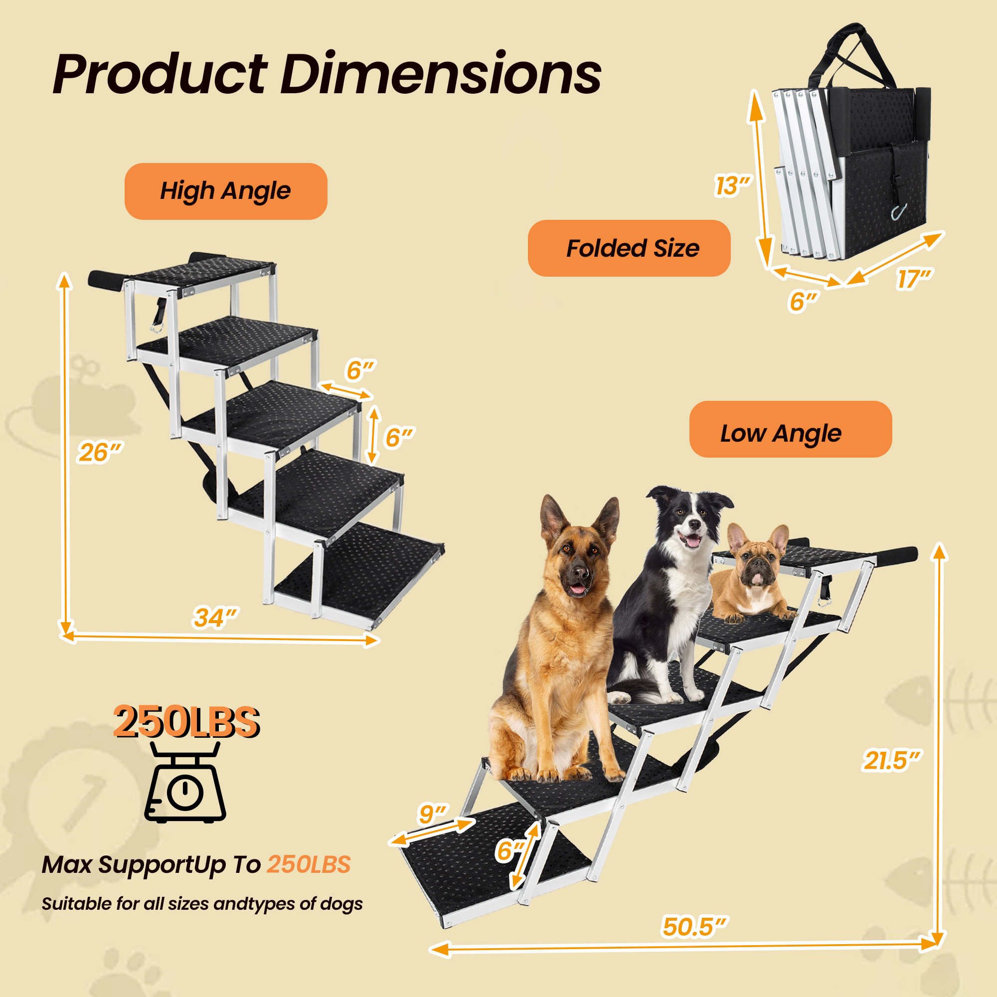 Escalera Plegable para Perros con Marco de Aluminio, 5 Escalones, Rampa para Mascotas de Alta Resistencia con Superficie Antideslizante y Mango de Espuma Suave, Escalera para Perros para Autos, Camas Altas y Camionetas, Soporta hasta 250 Lbs — imagen 5