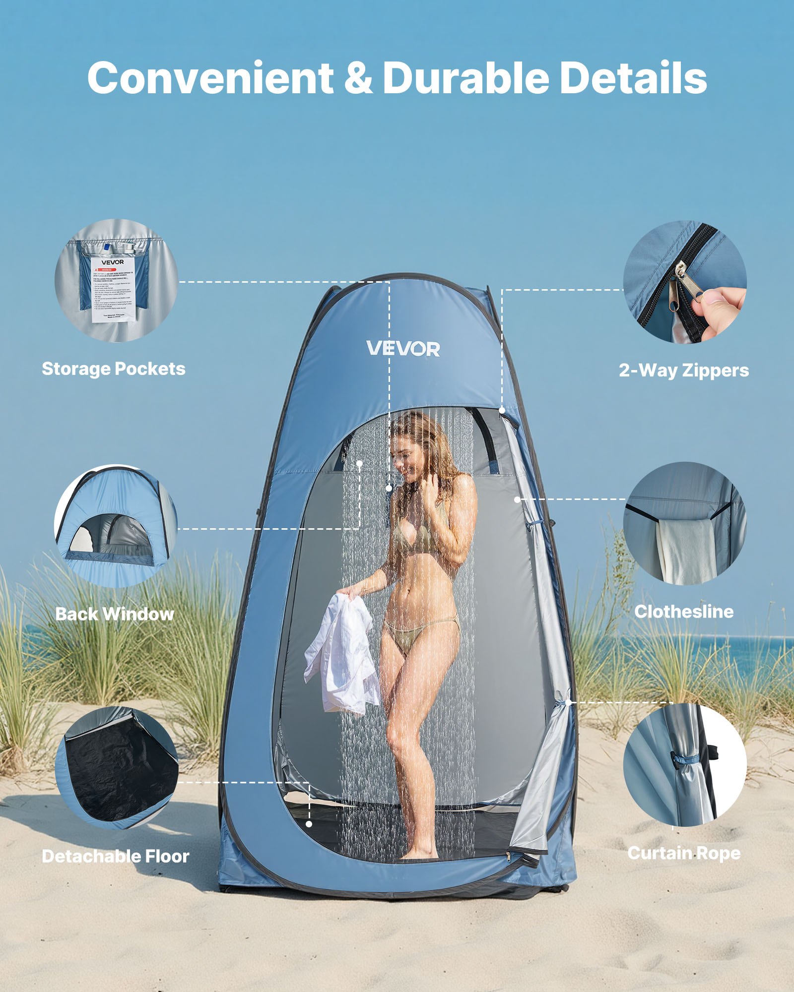 Pop Up Shower Tent, Instant Portable Privacy Tent Changing Room With Shower Bag, Ground Stakes, Ropes, Carry Bag, 190T Polyester With Silver Coating, Quick Setup, For Camping, Beach, Fishing — image 3