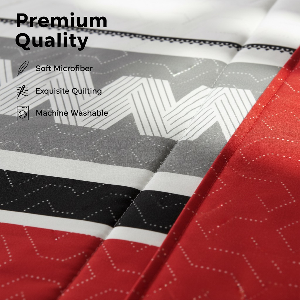 9 Piece Room In A Bag Quilt And Curtain Set, US Designer Red And Black Geometric Chevron Heavyweight Bedspread With 6 Customizable Window Panels, Pet-Friendly High GSM Coverlet — image 2