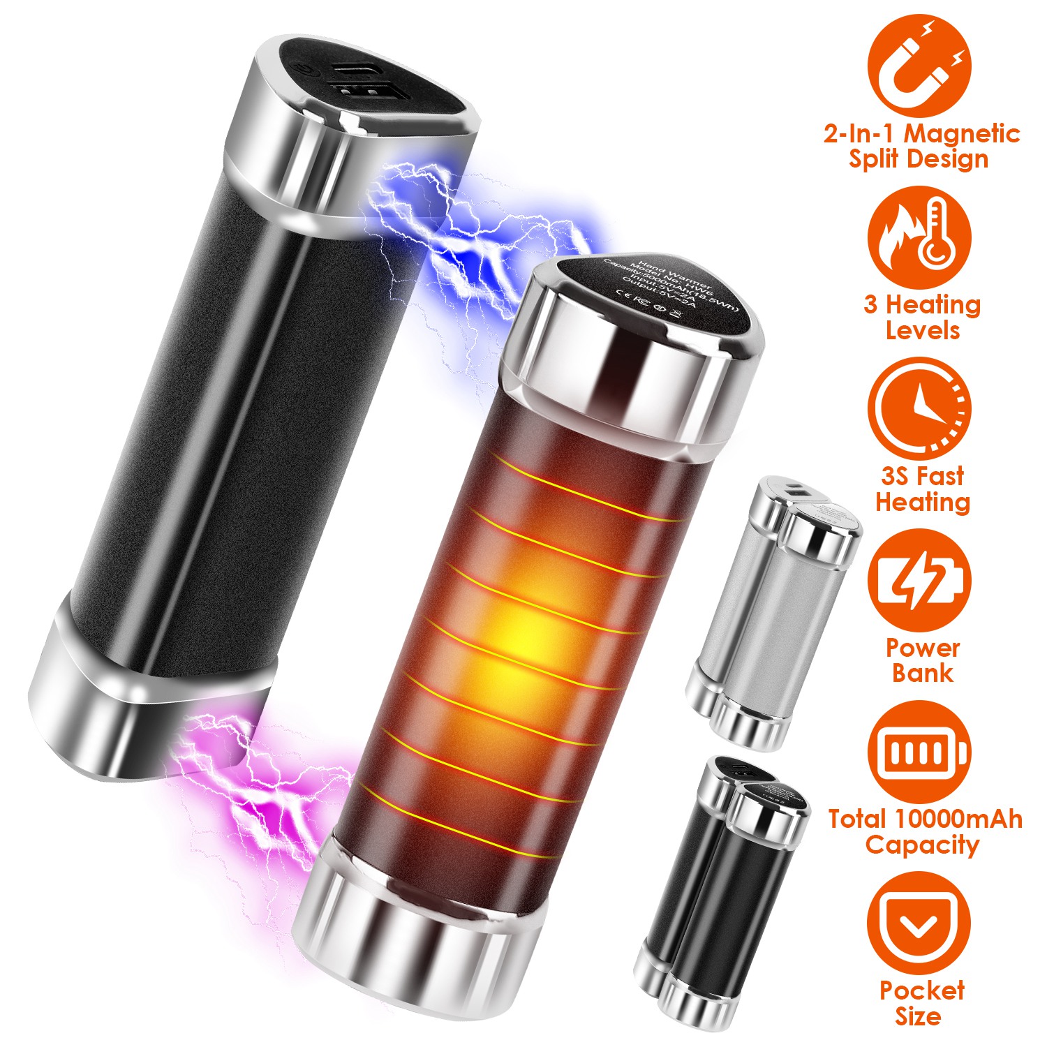Paquete de 2 Calentadores de Manos Magnéticos Divisibles 2 en 1, Calentador Eléctrico de Bolsillo Portátil y Power Bank Con 3 Niveles de Calor, Para Camping, Caza, Pesca y Esquí — imagen 1