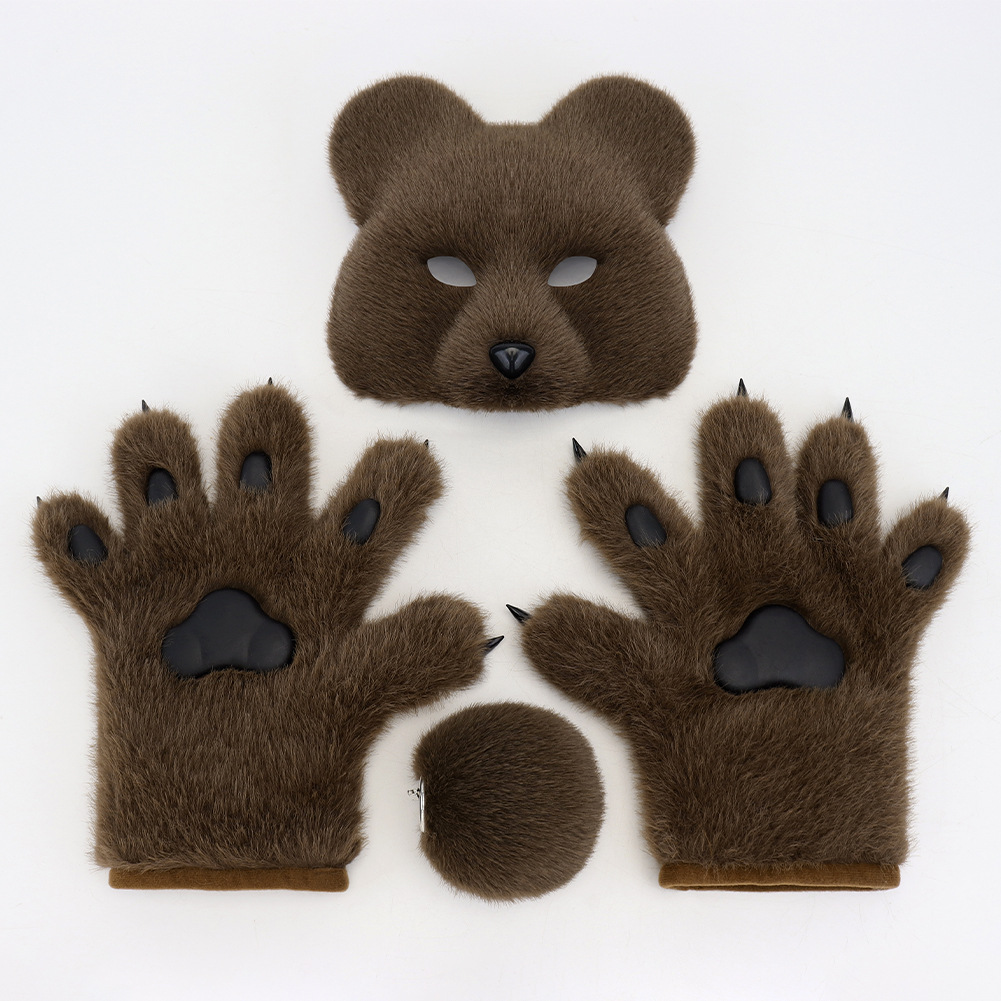 Halloween Fuzzy Costume Set with Realistic Bear Mask and Handmade Bear Paw Gloves for Cosplay and Convention Props — image 9