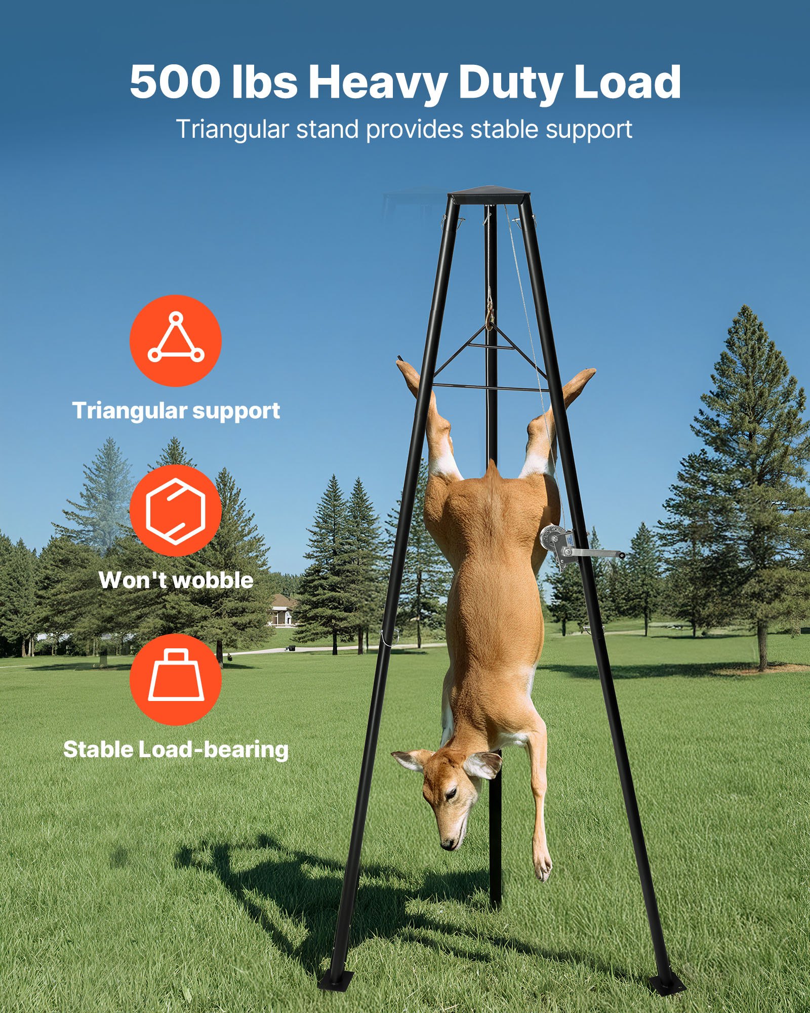 Tripode para levantar venados de 500 lbs, sistema de levantamiento con manivela y gancho, accesorio para caza y preparación de piezas — imagen 2
