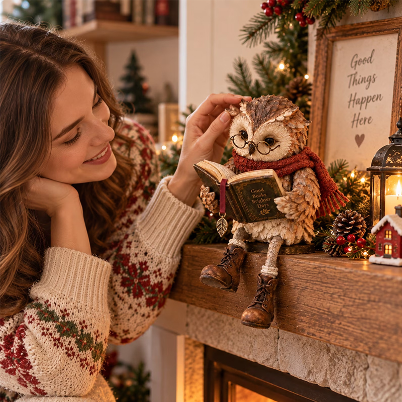 Reading Owl Figurine – Creative Owl Statue with Glasses, Scarf, Boots & Open Book, Bookshelf & Reading Nook Decor Sculpture — image 3