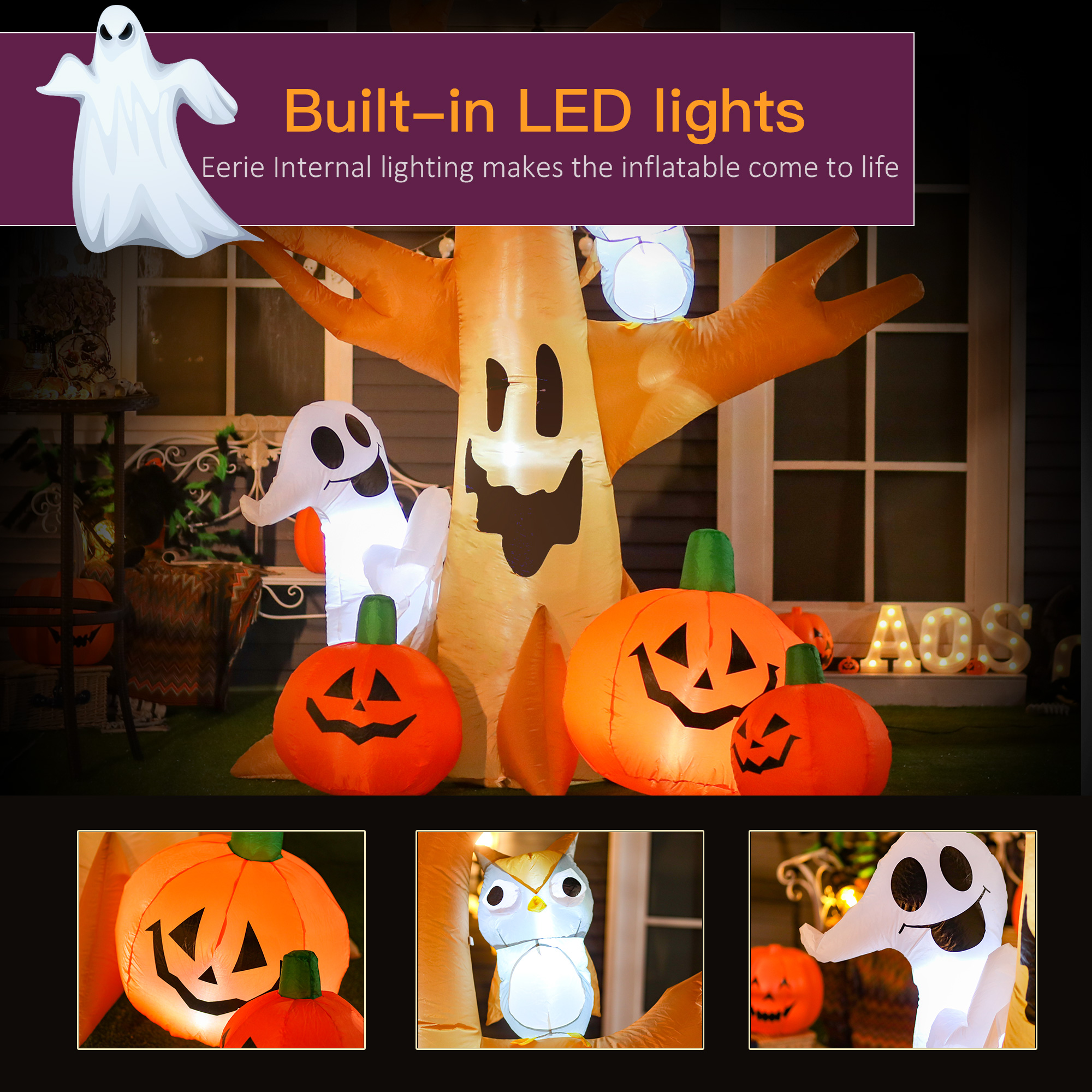 Decoración Inflable Iluminada de Halloween de 7.5' de Alto, para Exterior, Árbol Embrujado con Búho, Fantasma y Calabazas, Decoración de Jardín Inflable con LED para Patio, Fiestas y Festividades, Resistente al Agua — imagen 2
