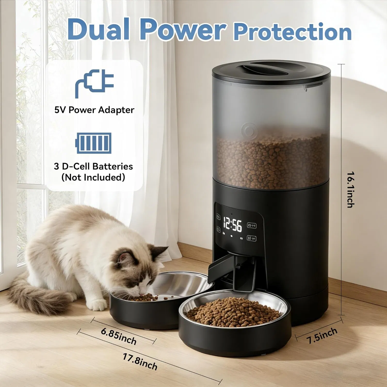 Automatic Cat Feeder for 2 Cats, Timed Cat Food Dispenser with 2 Stainless Bowls, 10s Voice Recorder, Dual Power Supply, 6 Meals 50 Portions Per Day, Dual Pet Feeder for Cat and Dog — image 8