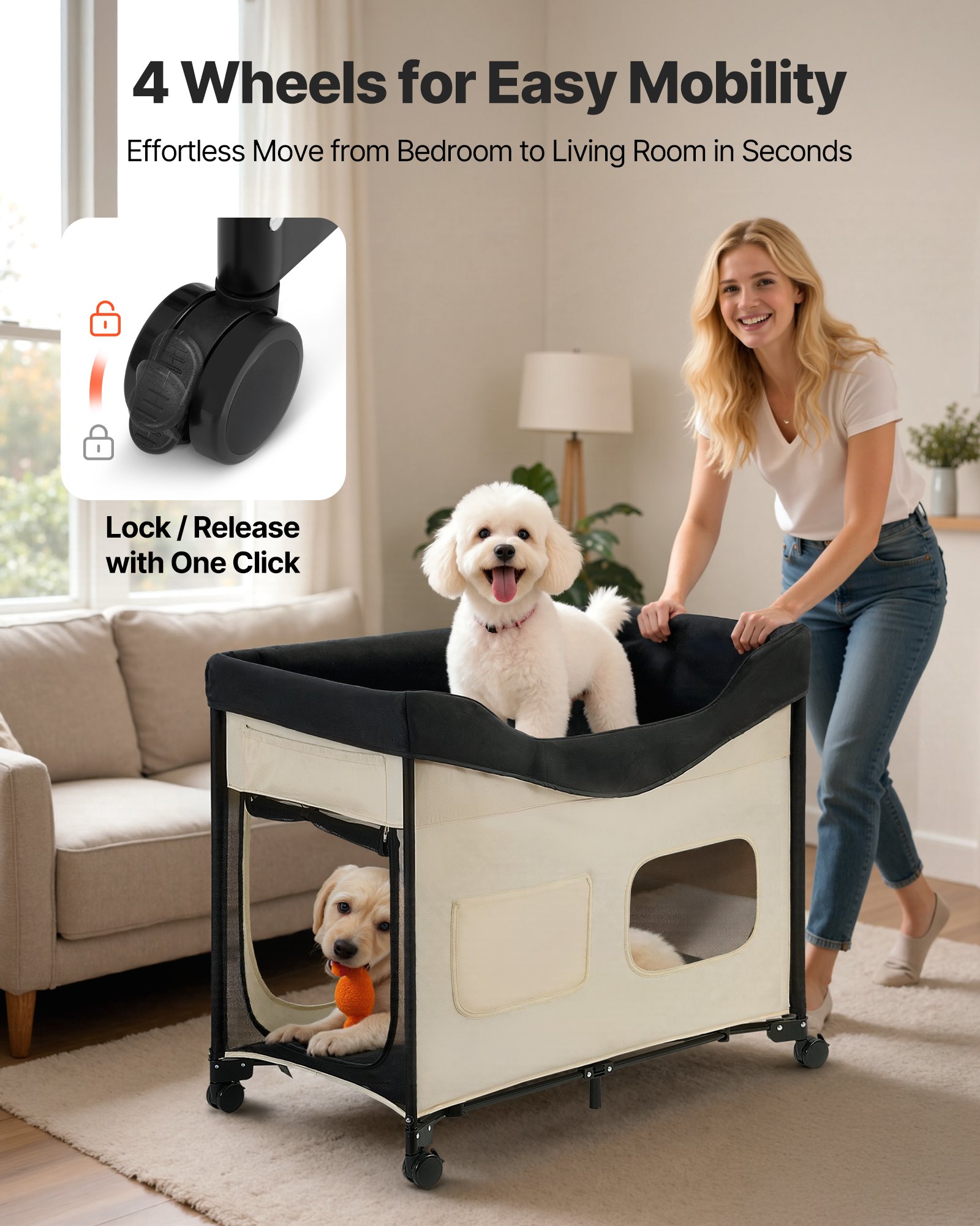 Cama de Descanso Elevada para Mascotas, Caja Portátil para Perros con Tela de 600D y Veludo Holandés, Con Ruedas, Bolsillos Lados y Bolsa Transporte para Gatos y Perros, XL, Beige — imagen 5
