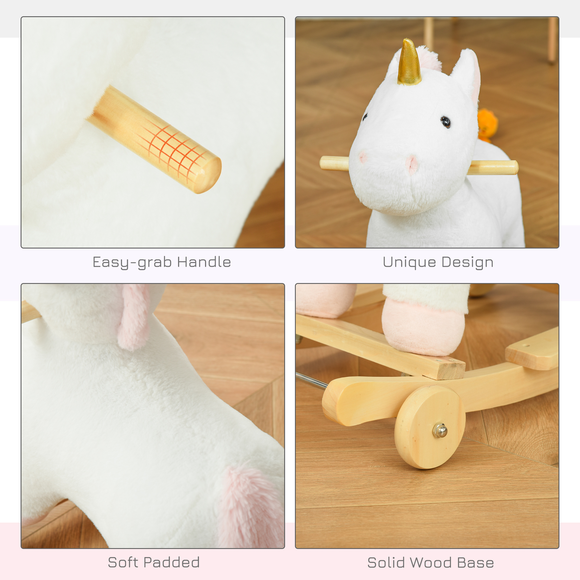 Caballito Mecedor 2 en 1 para Niños, Unicornio con Ruedas y Sonido, Base de Madera, Pedal, Manija de Agarre, Para Niños de 3-6 Años, Blanco — imagen 8