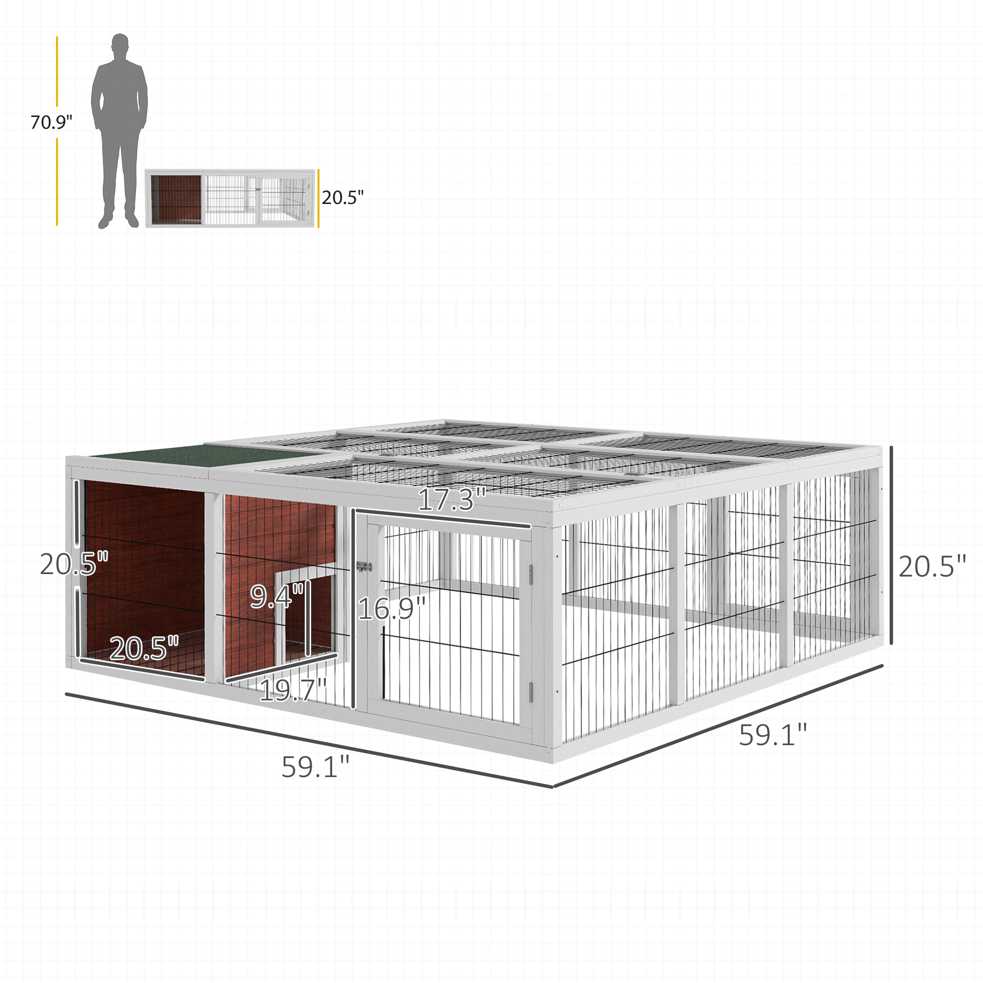 Conejera de Madera para Exterior de 59", Corral, Casa/Hábitat para Tortugas con Área de Juego y Cubierta Cerrada — imagen 2