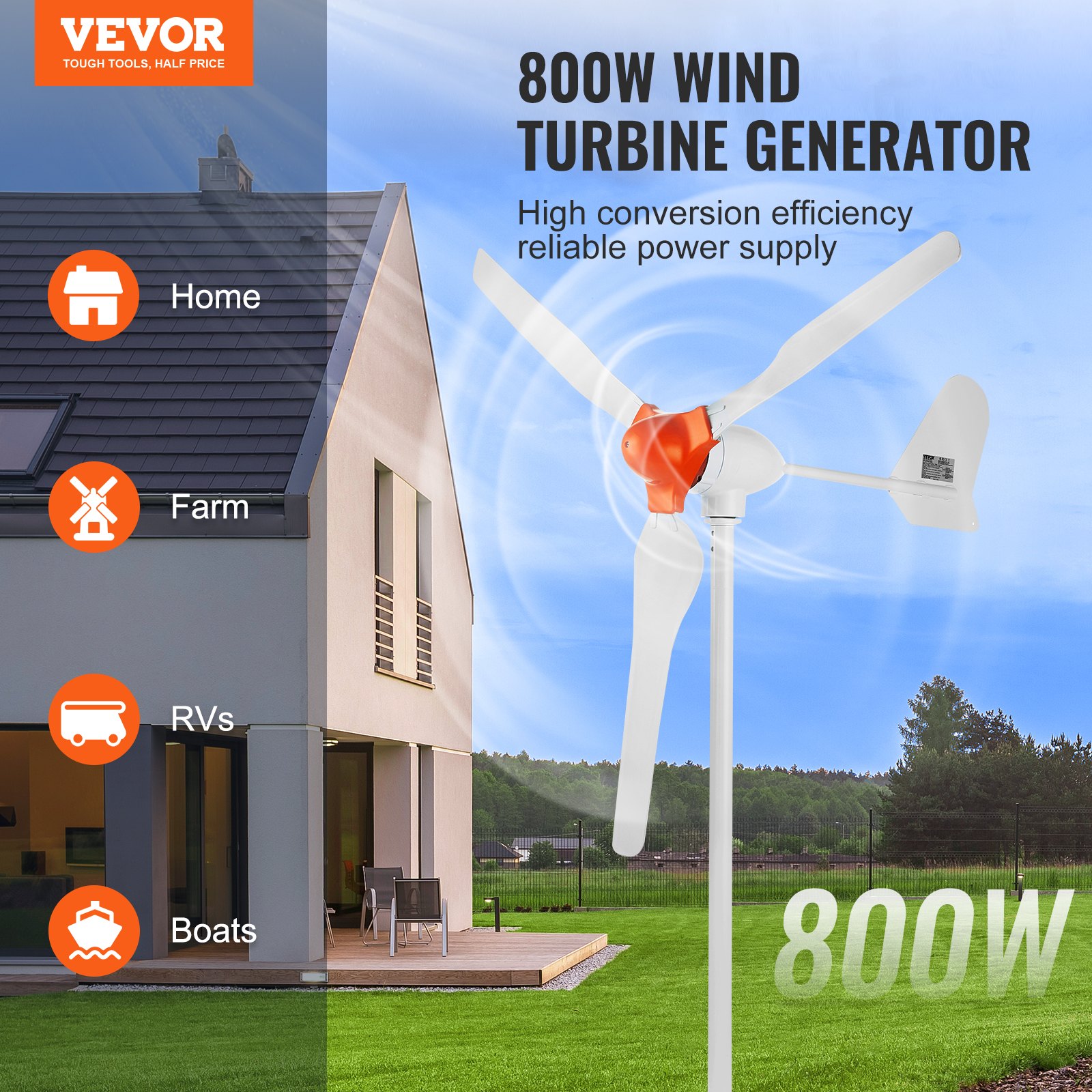 800W Wind Turbine Generator, 12V Wind Turbine Kit, 3-Blade Wind Power Generator With MPPT Controller, Adjustable Windward Direction & 2.5m/s Start Wind Speed, Suitable For Home, Farm, RVs, Boats — imagen 4