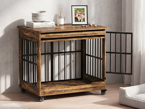 Dog Crate Furniture, Double Door Wooden Indoor Dog Kennel Furniture, Decorative Pet Cage End Table With Wheels For Medium And Small Breed Dogs, Size M, Greige — image 18