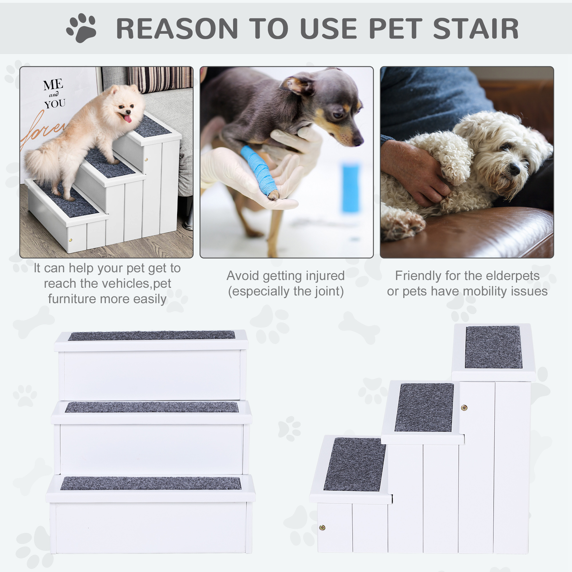 Escalera de Madera de 3 Escalones Alfombrada y Antideslizante para Gatos y Perros Pequeños - Blanco — imagen 4