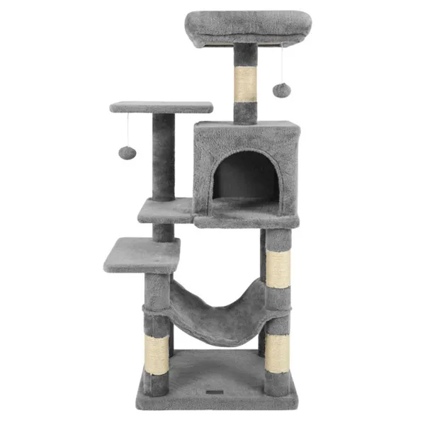 Rascador para gatos de 44" de varios niveles con amplia percha superior, condominio de 2 puertas y hamaca, para gatos de interior - Gris claro — imagen 5