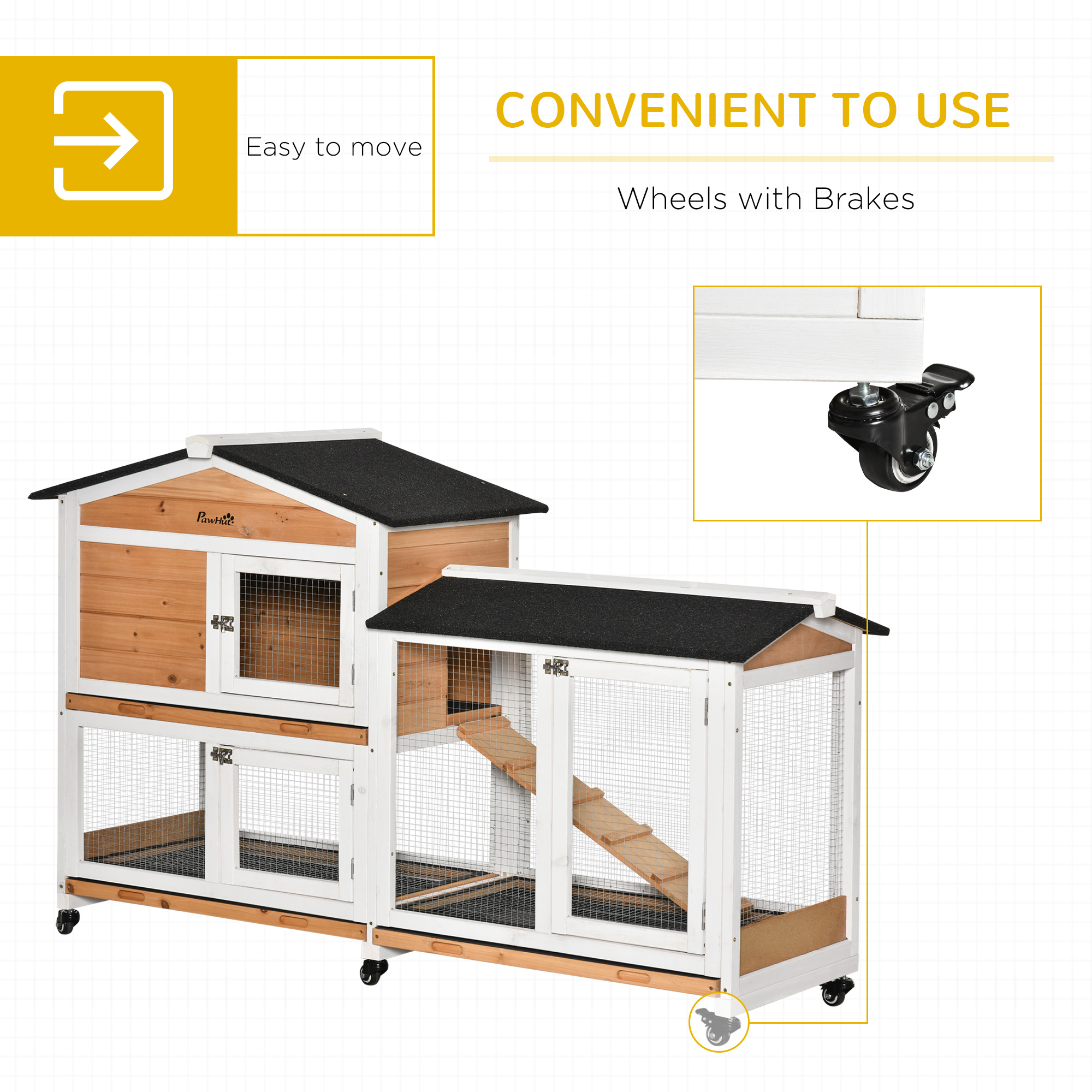 62" Wooden Mobile Rabbit Hutch With Wheels, Run Box, Slide-out Tray, Ramp, Yellow — imagen 3