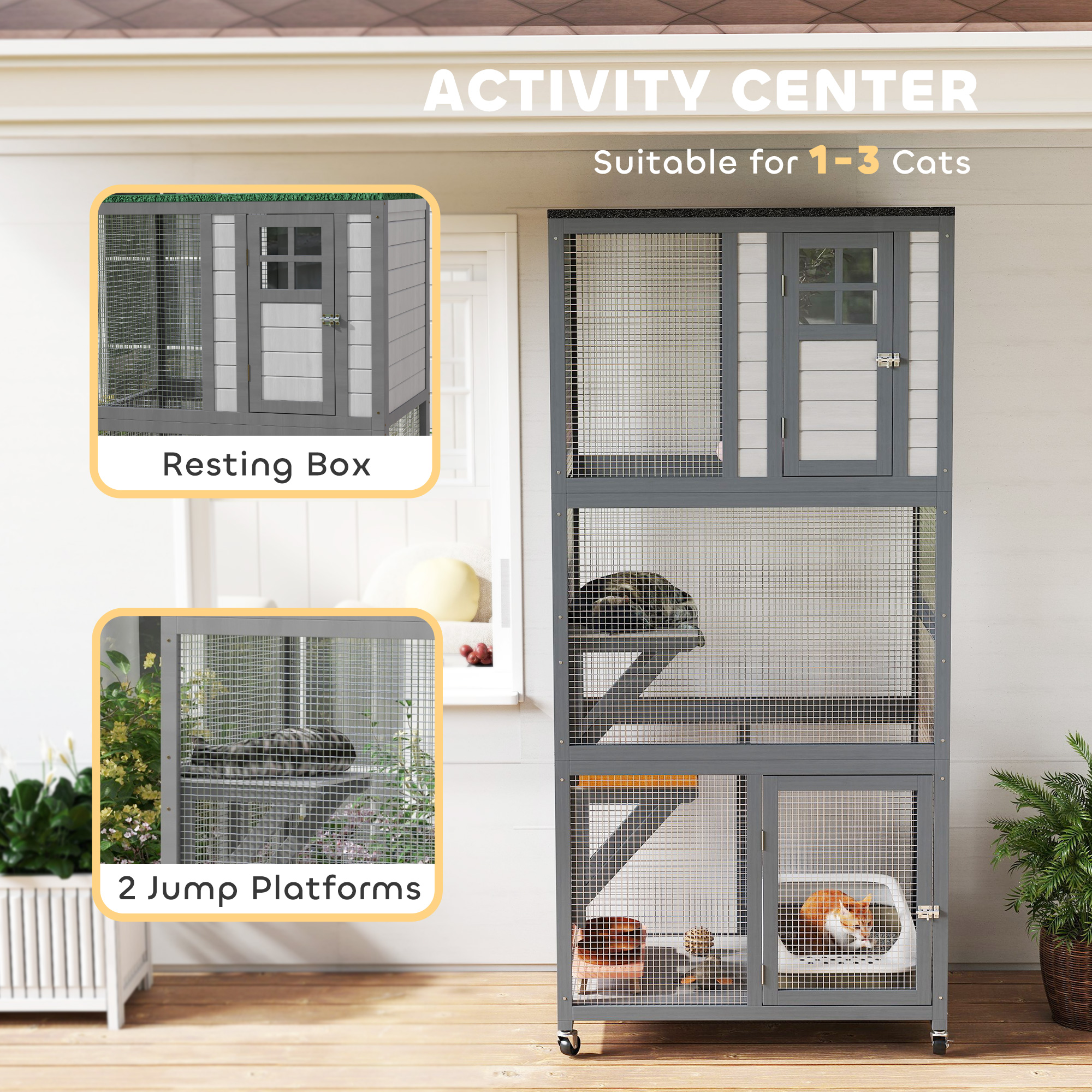 74" Wooden Outdoor Cat House Catio With High Weight Capacity, Cat Cage Condo, Dark Gray — imagen 2