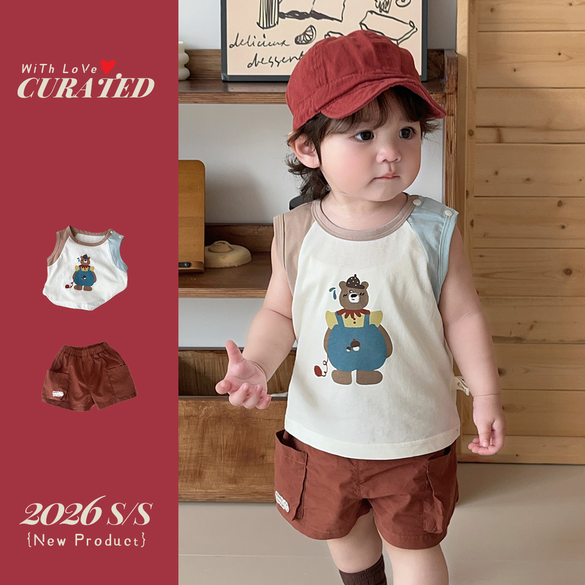 Boy's Stylish Two-Piece Set, Cartoon Bear Sleeveless Color-Block T-Shirt — image 3