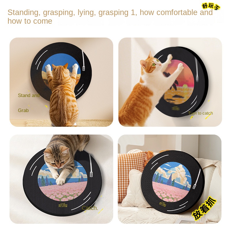 Original Corrugated Cardboard Cat Scratcher Wall-Mounted Rotating Vinyl Record Style Cat Scratch Board Oil Painting Design Cat Claw Board Gift — image 3