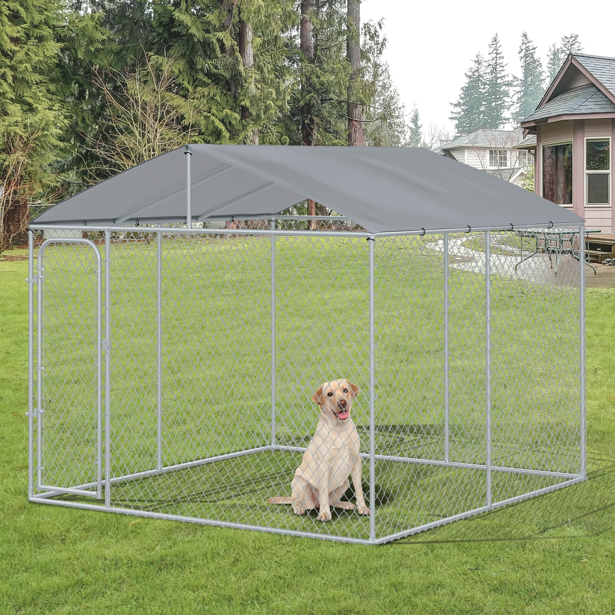 Cubo de Perro para Exterior con Malla y Techo Galvanizado de Acero para Jardín 9,8 x 9,8 x 7,7 — imagen 1