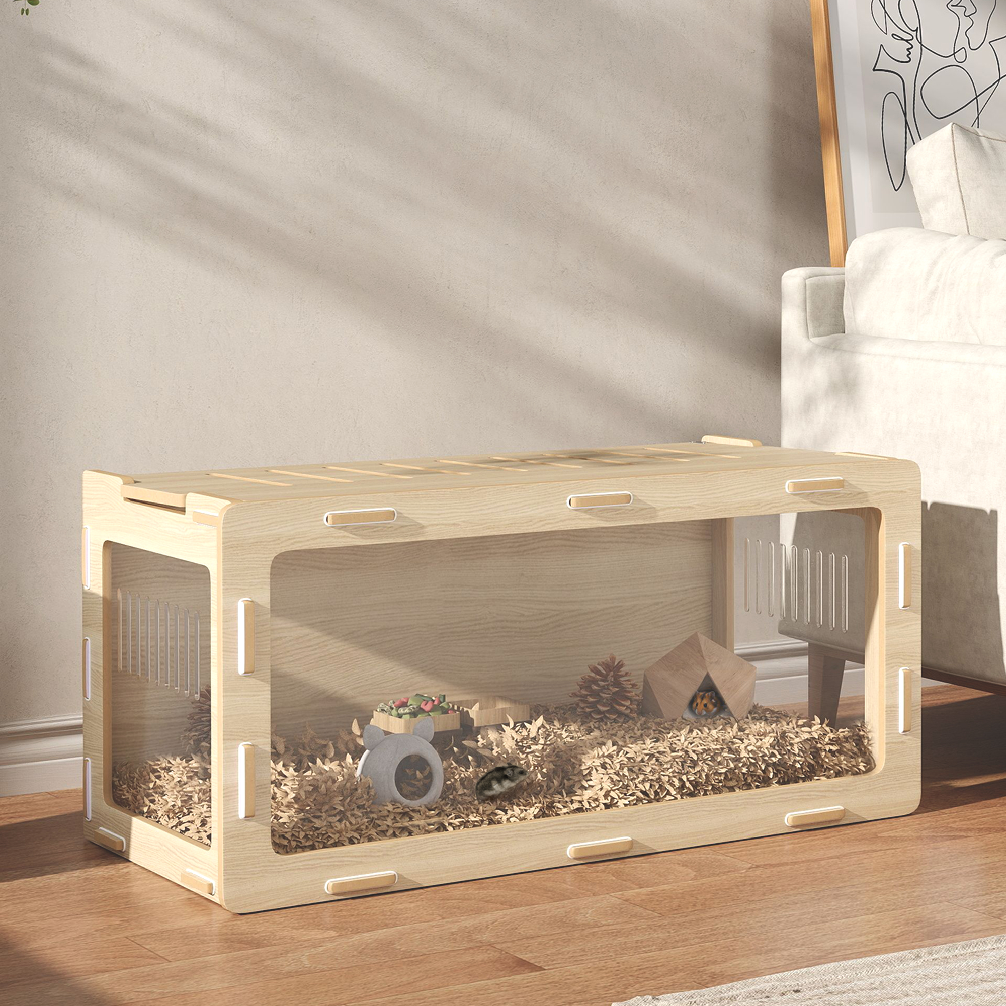 Caja para Hámsters con Paneles Acrílicos de Visión Fácil, Ventilación y Techos Abatibles, para Erizo, Rata, Conejo de Indias, 39" x 20" x 18.5", Roble — imagen 4