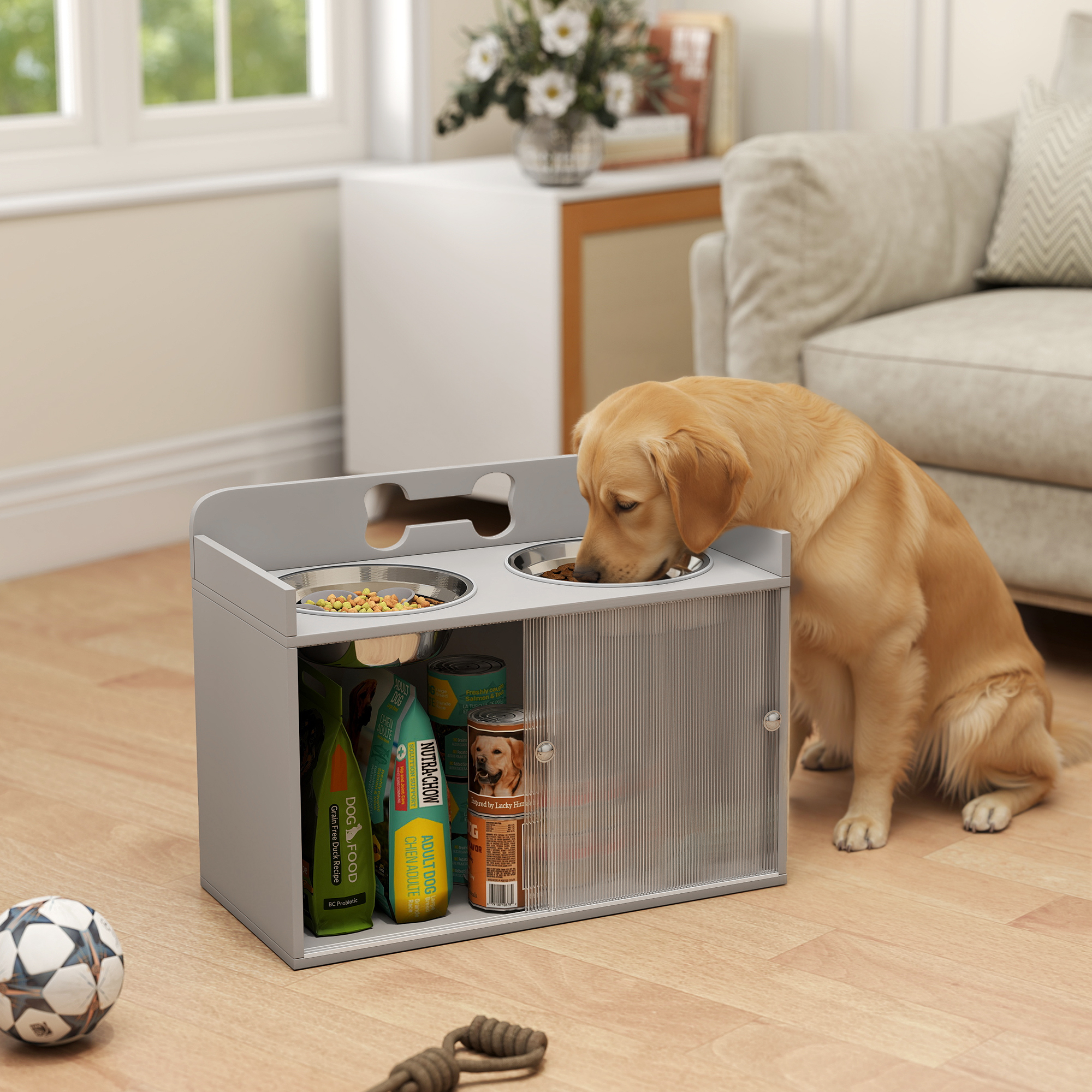 Comedor para Perros Elevado con Almacenamiento, Soporte de Tazas para Perros Grandes con 2 Tazas Inoxidable en Gris — imagen 1