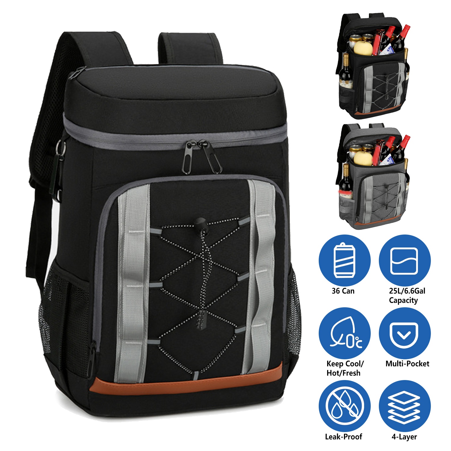 Opciones Gris-Negro - 1 Pieza Bolsa de Enfrío para Caminar con 36 Cánicas Resistentes al Derrame y Aisladas, 25L / 6.6 Gal para Pícnic, Camping, Playa, Senderismo, Pesca y Viajes — imagen 17