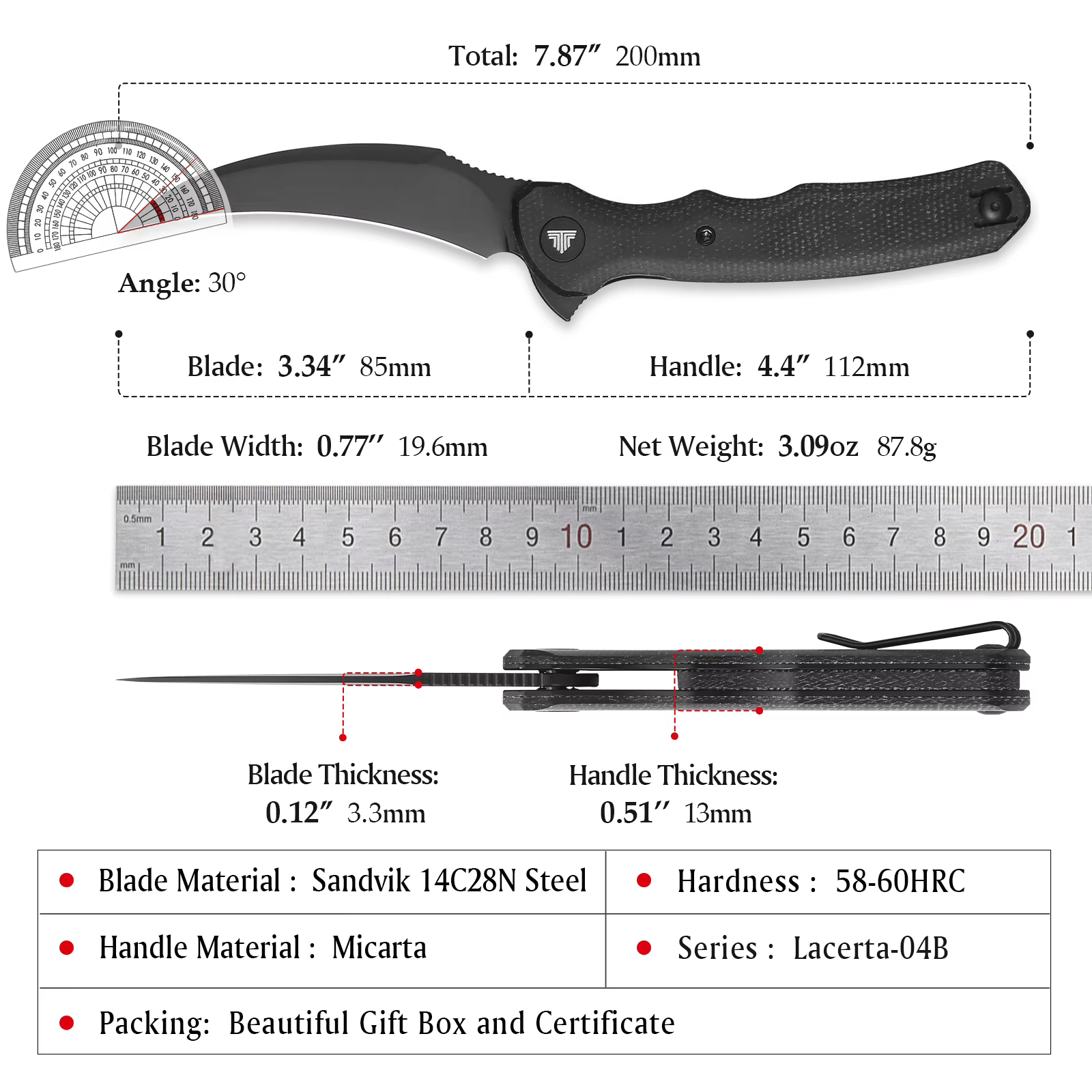 TRIVISA Lacerta-04B EDC Pocket Folding Knife 14C28N Blade Micarta Handle, Camping Hunting Fishing Outdoor Tools — image 3