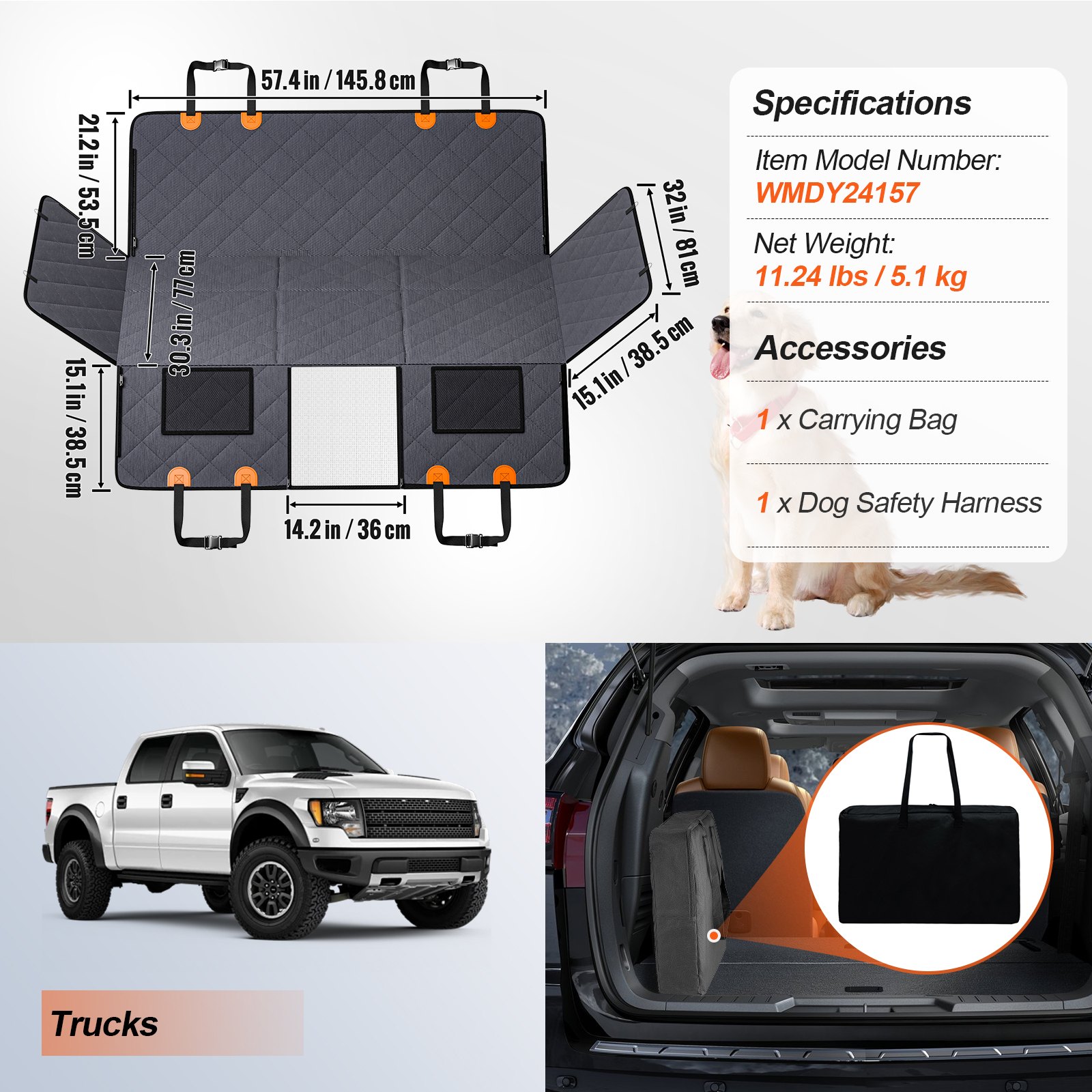 VEVOR 57.4 X 30.3 In Dog Car Seat Cover For Back Seat Waterproof 600D For Truck — imagen 4